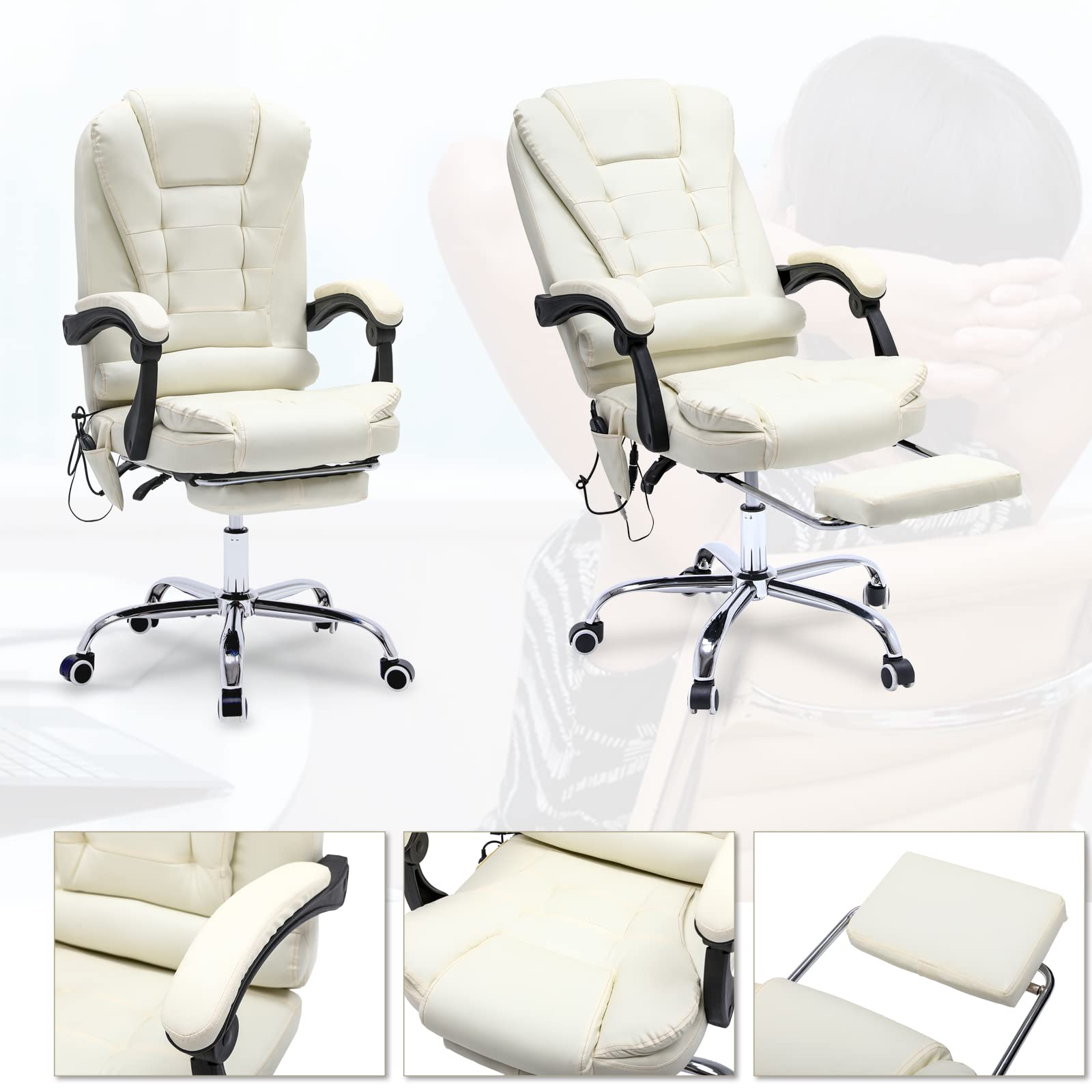 Ergonomic Reclining Office Chair with Massage & Heat - PU Leather Executive Computer Chair with Adjustable Footrest, Padded Armrest & High Back Support - Perfect for Home Office, Gaming & Study (White)