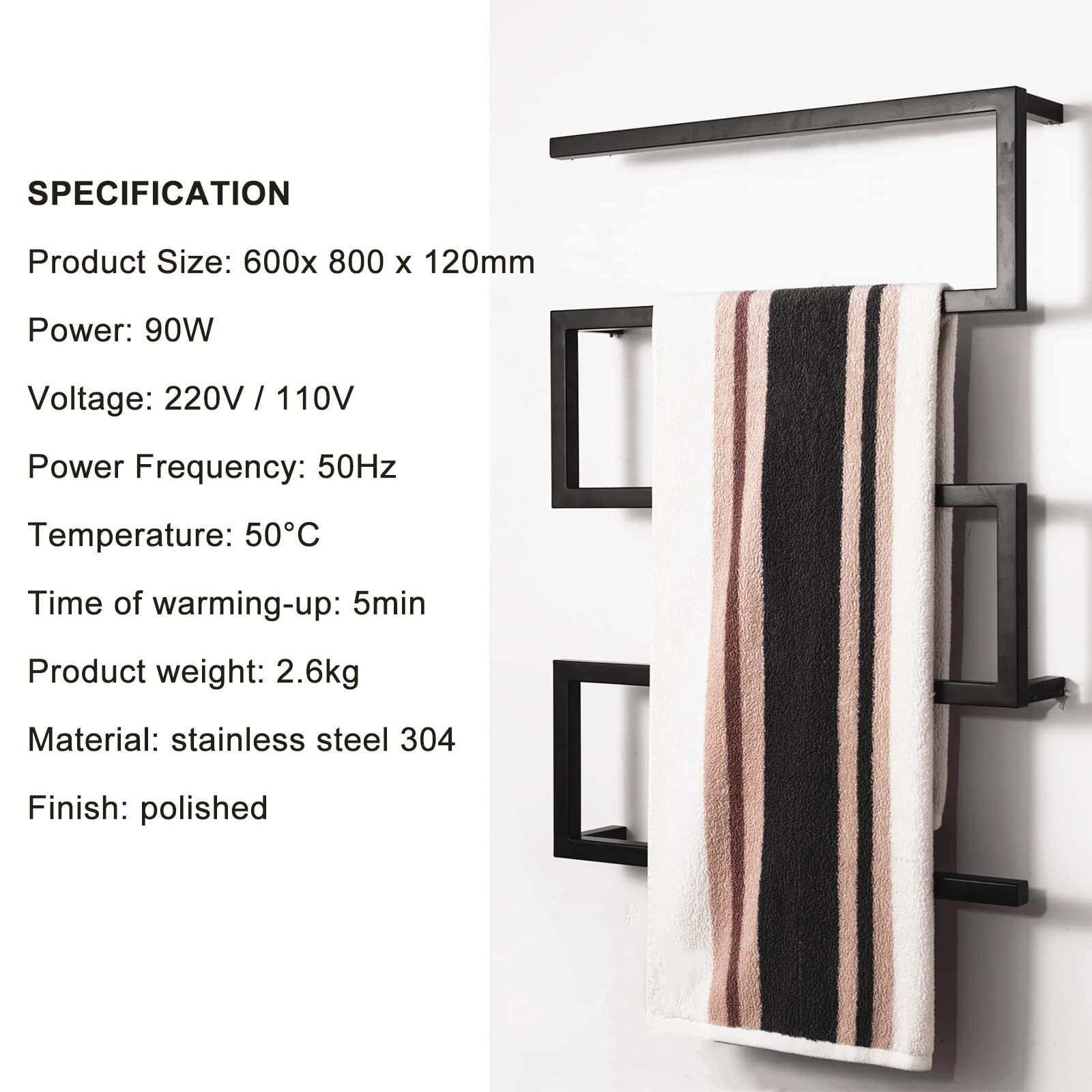 5-Bar Wall Mounted Heated Towel Rack - Modern S-Shape Stainless Steel Bathroom Towel Warmer in Matte Black | Perfect for Spa-Like Luxury & Quick Drying in Homes, Hotels, and Gyms