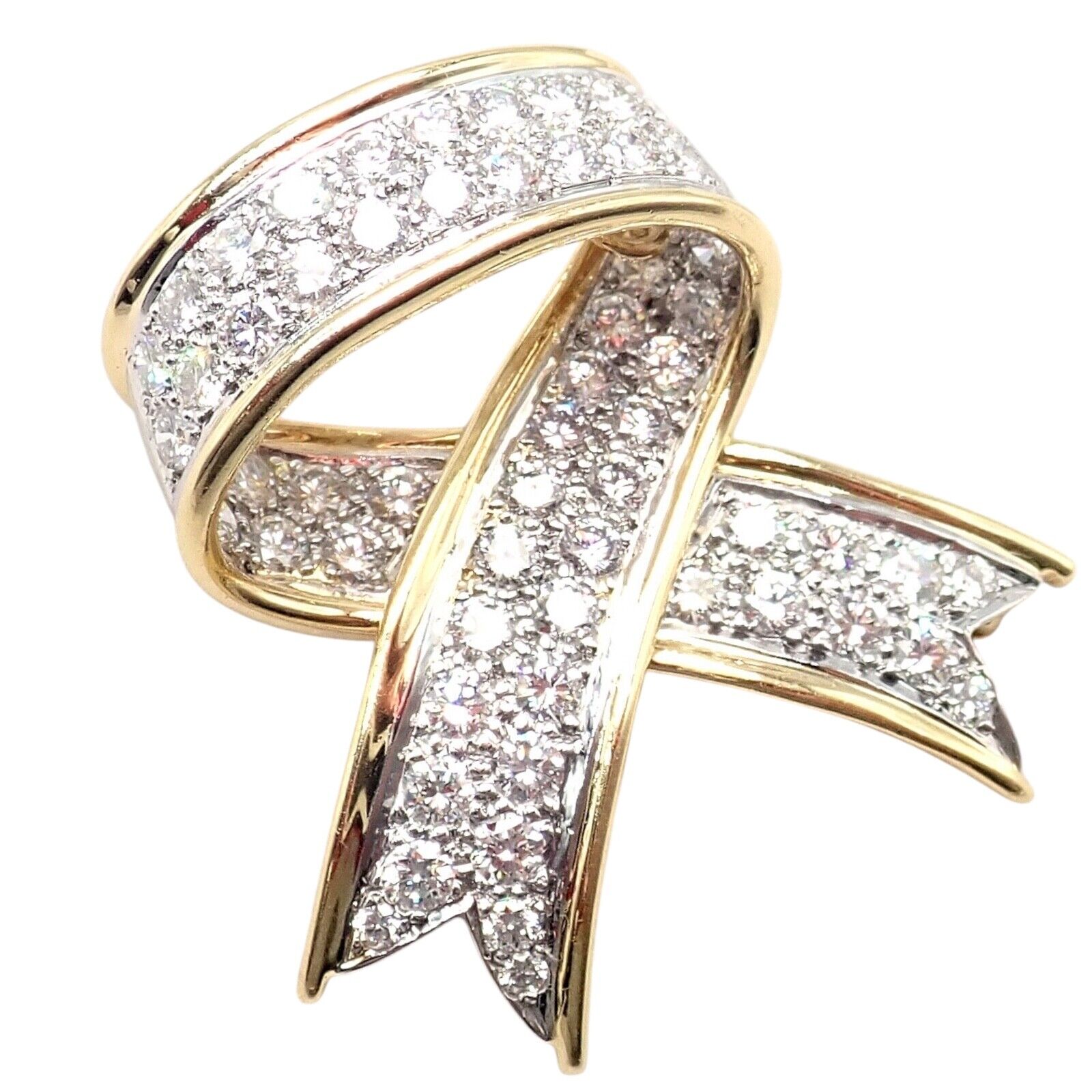 Vintage Tiffany & Co 18k Yellow Gold Platinum Diamond Ribbon Bow Pin Brooch - Elegant Jewelry for Women, Perfect for Weddings, Parties & Special Occasions