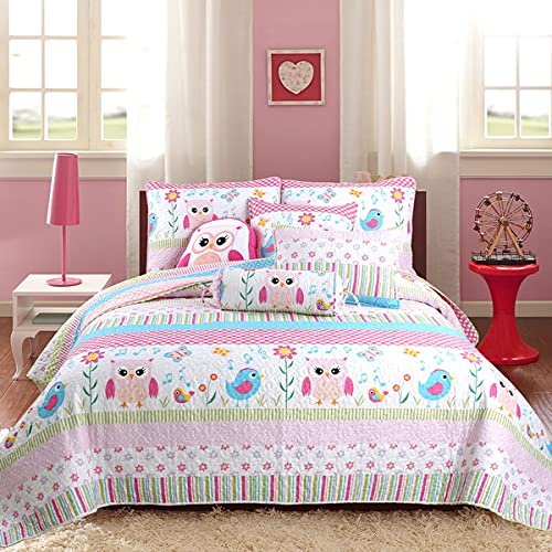 Owl Pink Quilt Set 2 Piece Bedding Set - 100% Cotton Twin Size Comforter & Sham - Soft & Cozy Bedroom Decor for Girls, Teens, Dorm Room, Guest Room