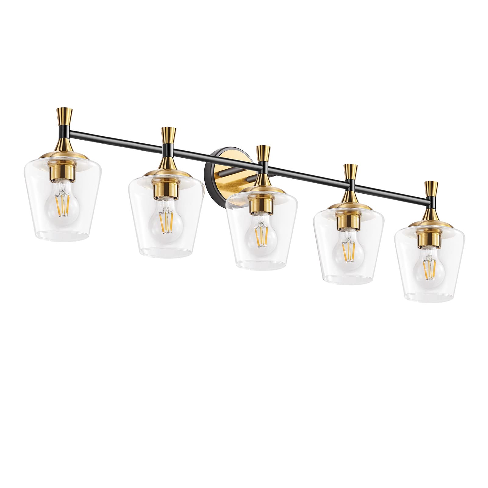Vintage Farmhouse Bathroom Vanity Light Fixture - 5-Light Black Gold Finish with Clear Glass Shades for Bathroom, Study, Bedroom & Corridor - Perfect for Rustic Home Decor (Bulbs Not Included)