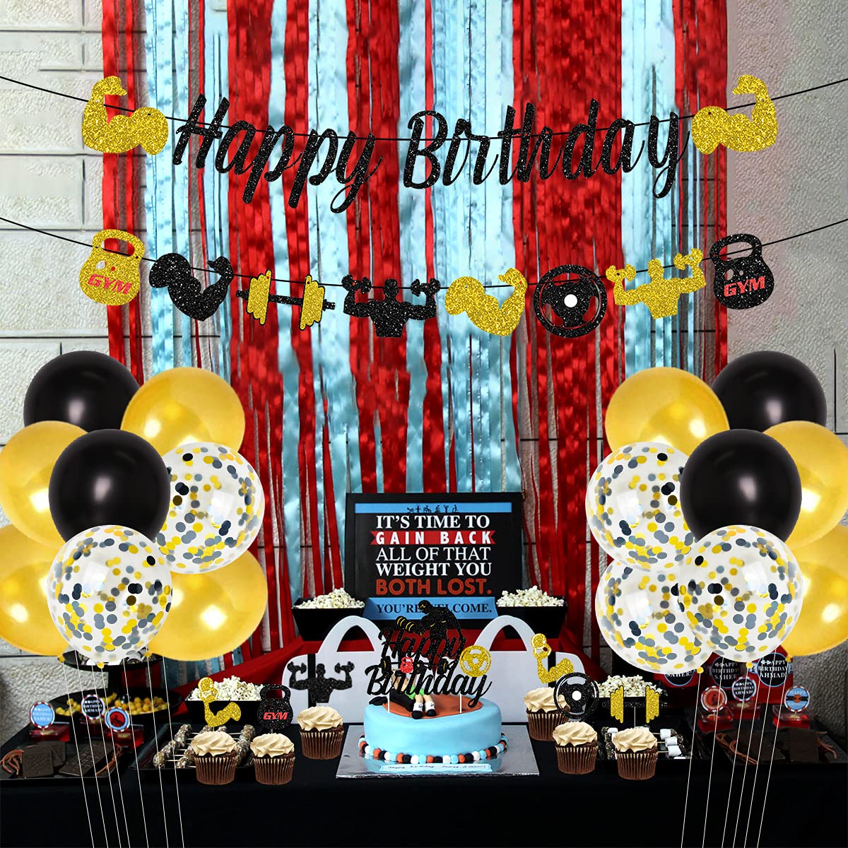 Black and Gold Gym Birthday Party Decorations - Weight Lifting Theme Party Supplies with Fitness Cake Topper & Glitter Banner | Perfect for Men's Fitness Themed Celebrations, Workout Parties & Gym Enthusiast Events