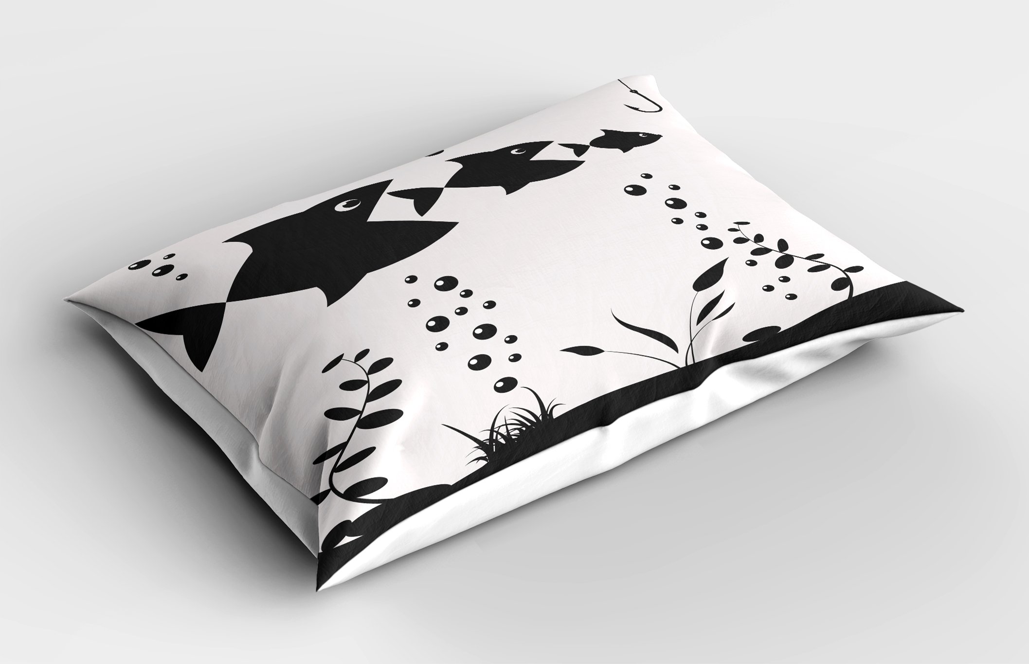 Big Fish Eats Little Fish Monochrome Pillow Sham - Coral Reef & Hook Themed King Size Decorative Pillowcase (36x20 Inches, Charcoal Grey) - Perfect for Coastal Bedroom Decor, Fishing Enthusiast Gifts & Nautical Theme Home Styling