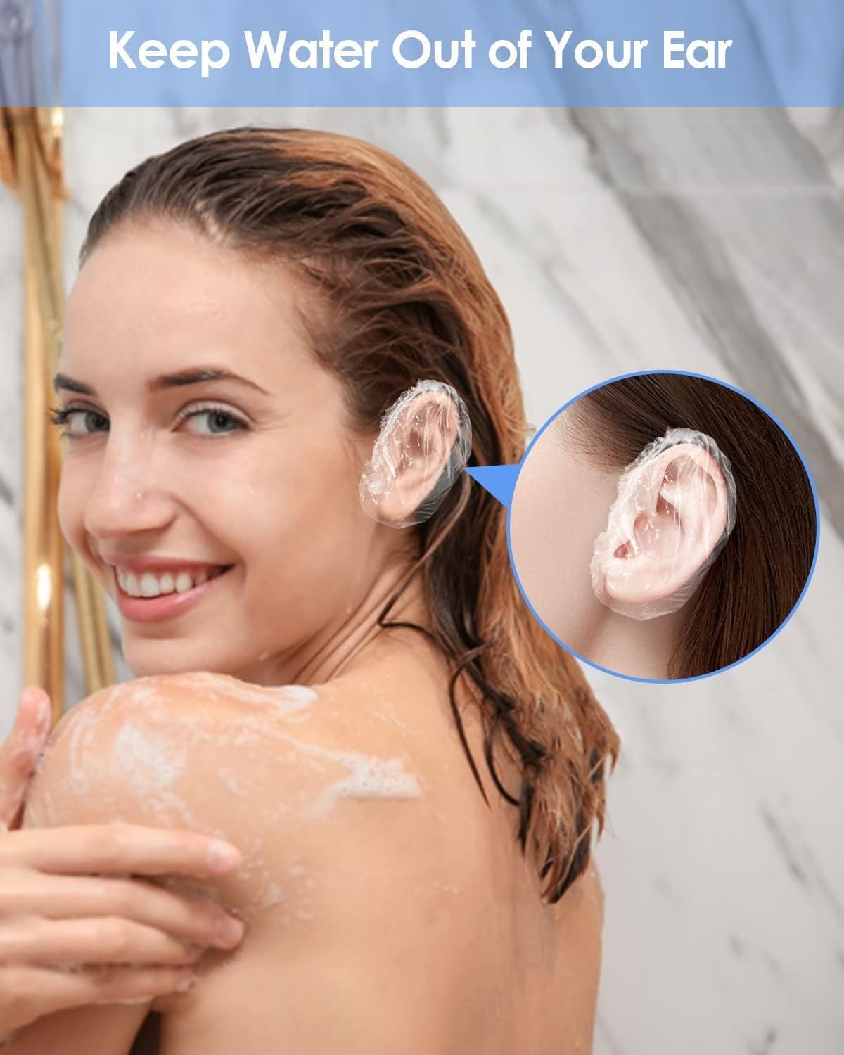 FEORA 200 Pack Waterproof Ear Covers for Shower, Swimming, Hair Dye – Transparent Ear Protectors for Women & Kids – Reusable Bathing Ear Caps for Salon, Spa & Home Use