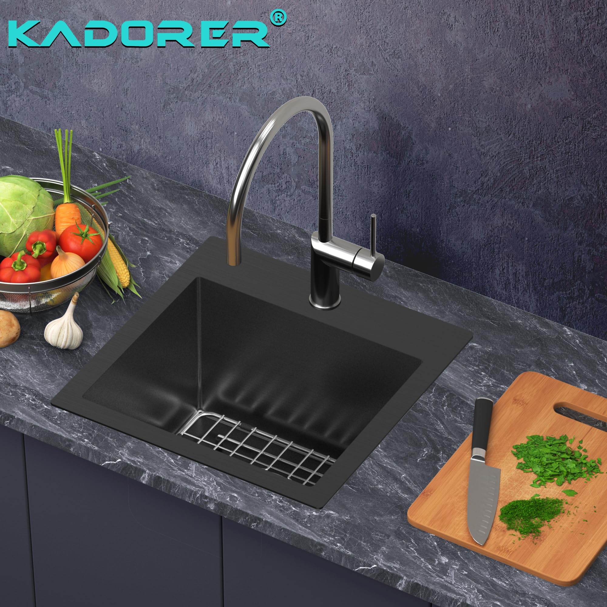 15 x 15 Inch Black Drop-In Kitchen Bar Sink - 18 Gauge Stainless Steel Single Bowl Topmount Prep Sink with Grid & Basket Strainer | Perfect for Small Kitchens, Bars, Coffee Shops & Food Prep Stations