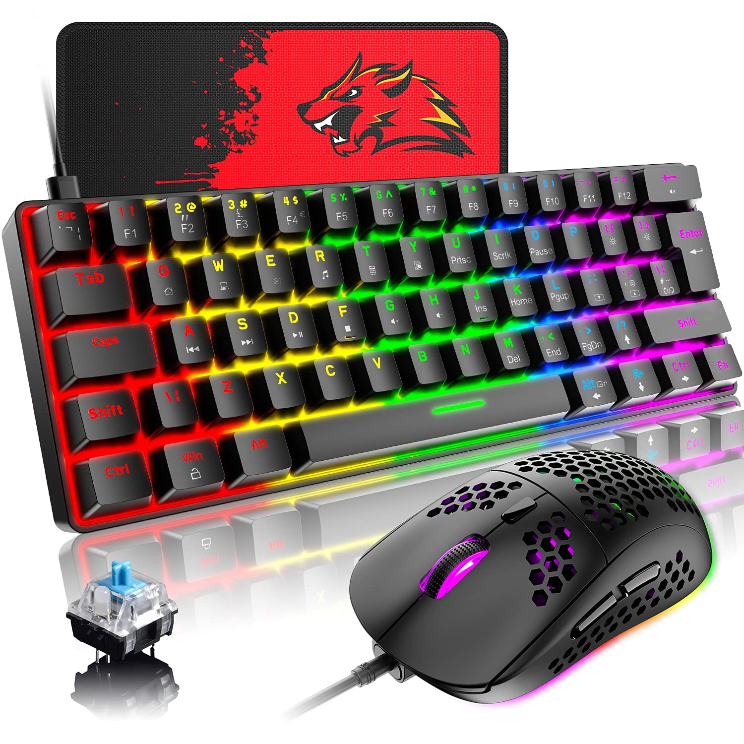 60% Mechanical Gaming Keyboard with Blue Switches & RGB - Compact TKL Wired Keyboard for PC Gamers & Office Use