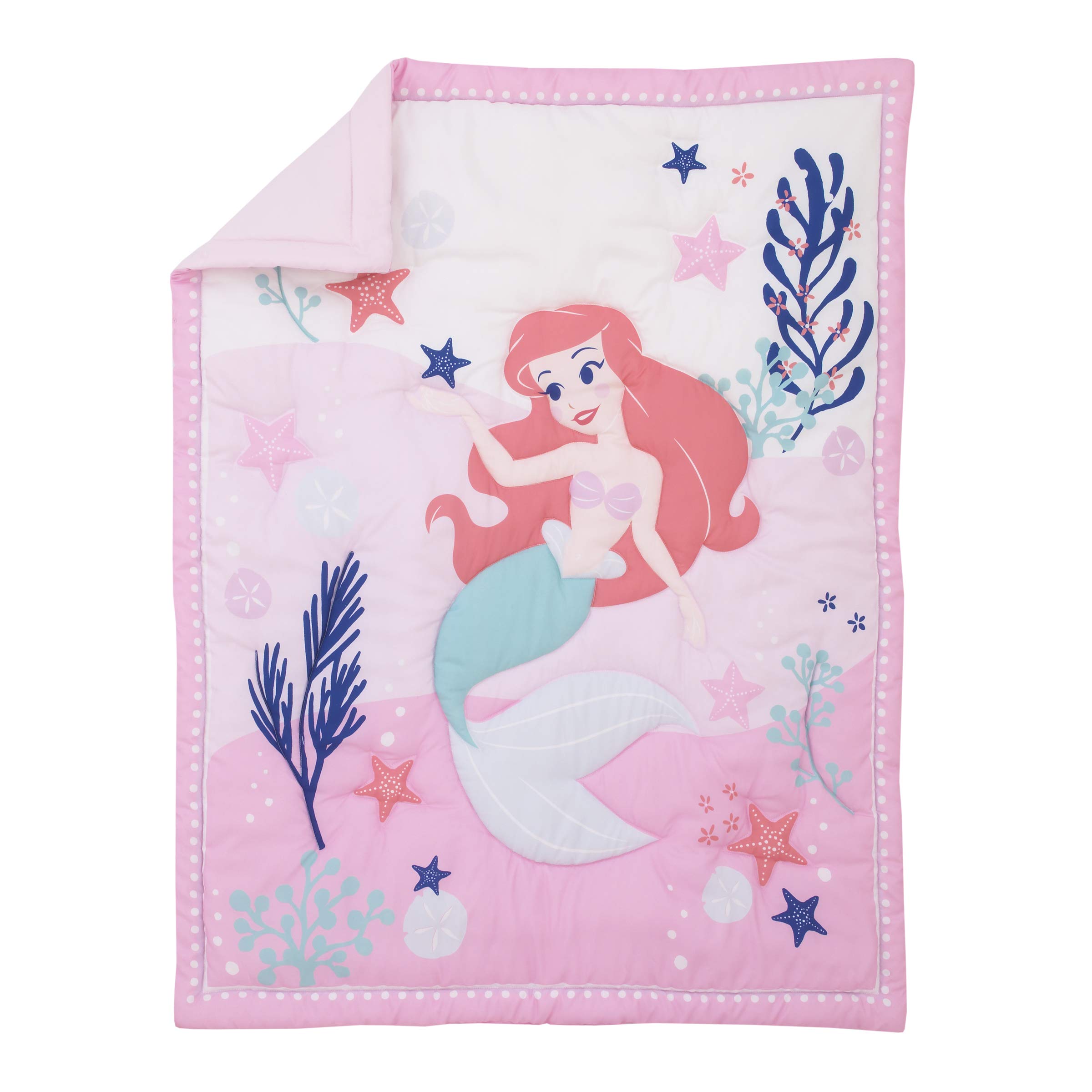 Disney The Little Mermaid Ariel 4-Piece Nursery Crib Bedding Set - Pink Aqua Coral Comforter, Fitted Sheet, Changing Pad Cover & Skirt | Baby Girl Room Decor | Perfect for Newborns & Toddlers | Nursery Theme Decorations