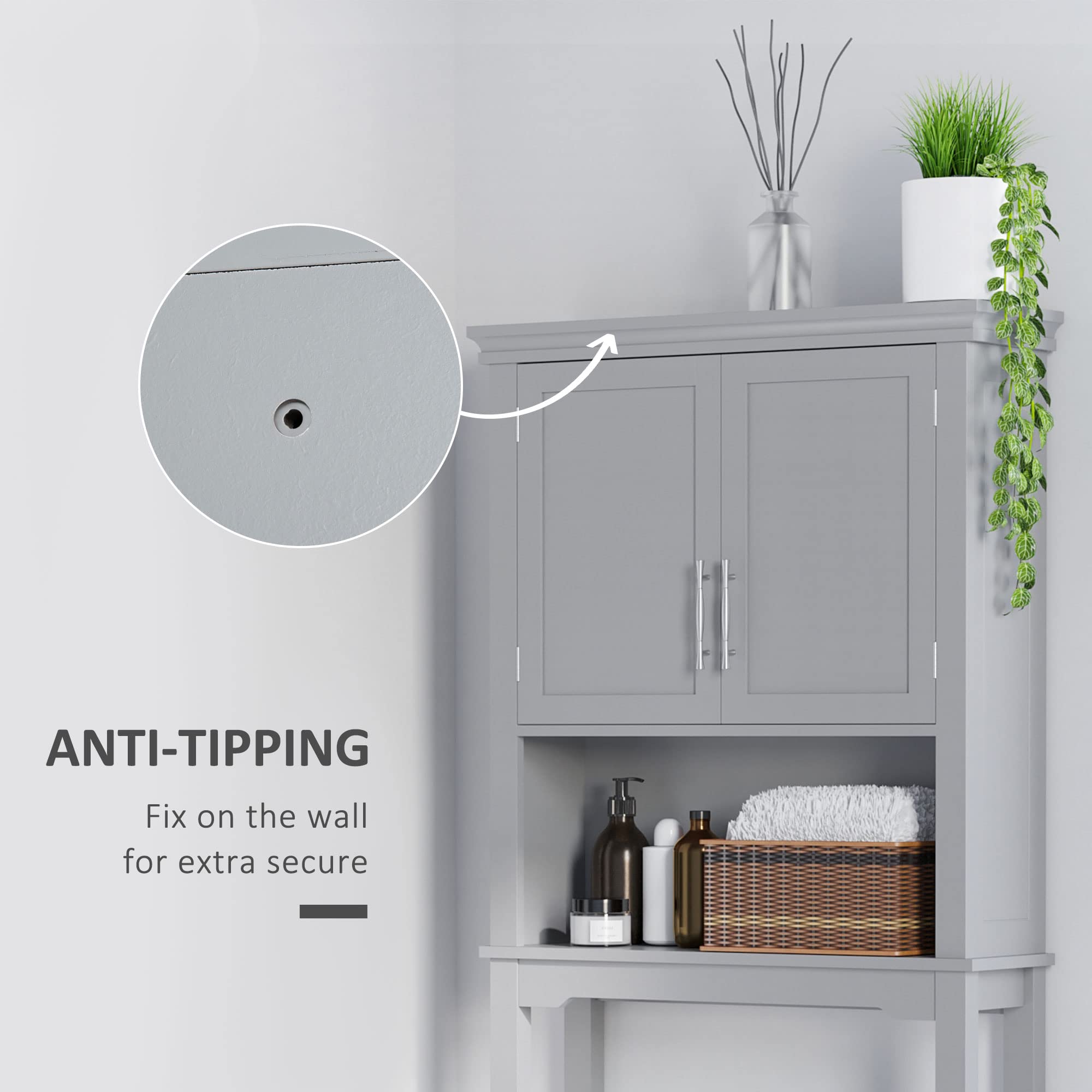 Kleankin Modern Over The Toilet Storage Cabinet - Double Door Bathroom Organizer with Adjustable Shelves, Open Shelf Space, Grey - Perfect for Small Bathroom Organization & Extra Storage