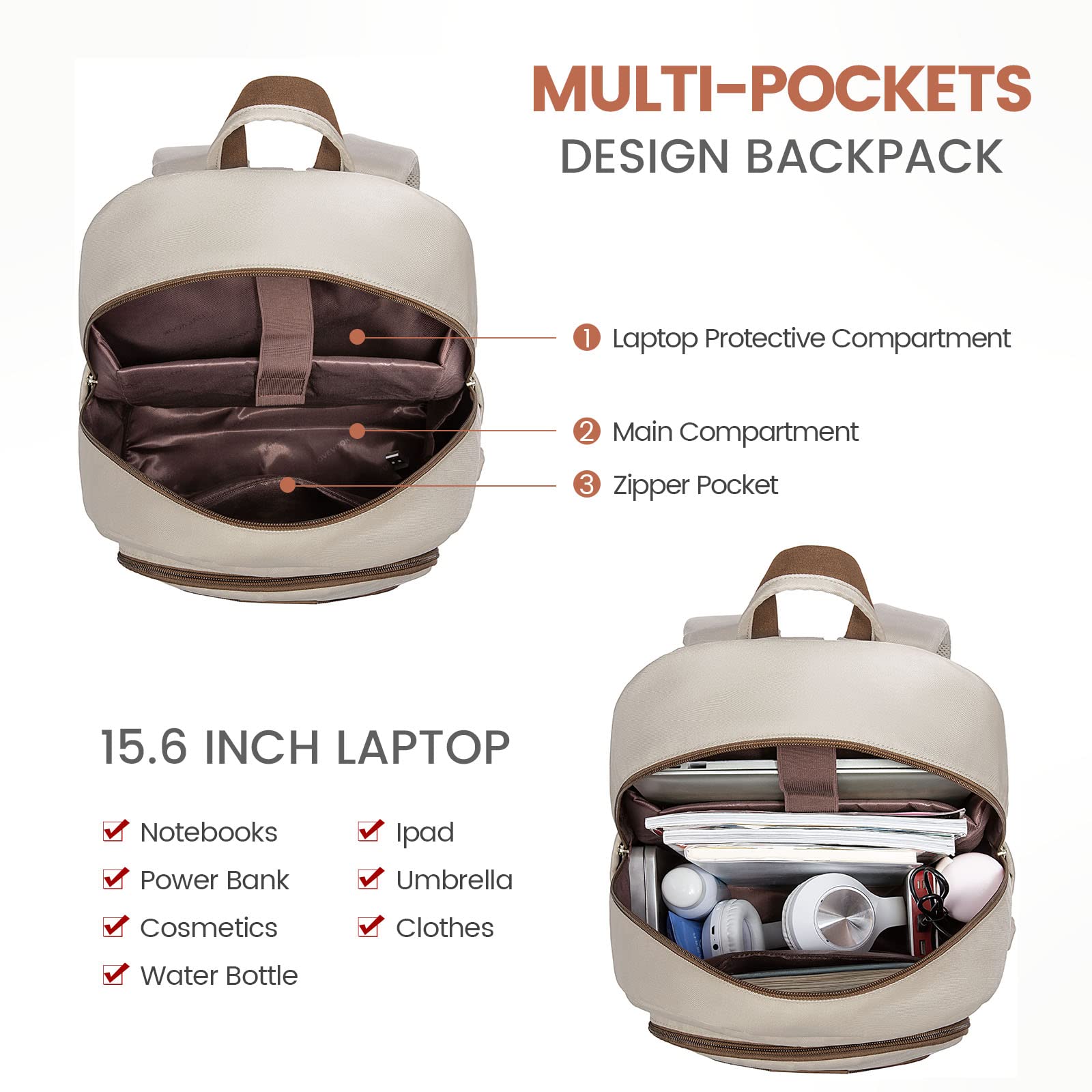 LOVEVOOK 15.6 Inch Water Resistant Laptop Backpack for Women - Stylish Travel & Work Computer Bag for College & Business, Khaki - Perfect for Commuting, Air Travel & Office Use