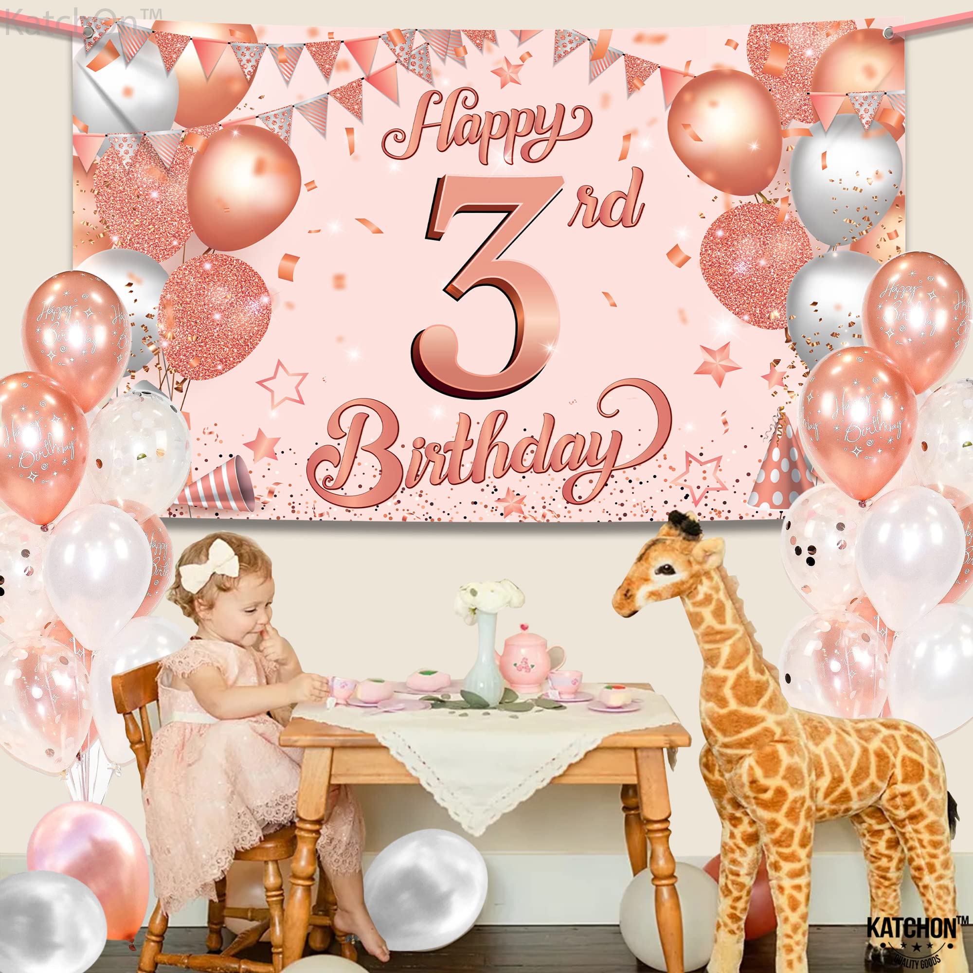 KatchOn Rose Gold Happy 3rd Birthday Banner - Extra Large 72x44 Inch | Elegant Rose Gold Birthday Party Decorations for Girls | Premium 3 Year Old Birthday Backdrop | Perfect for Birthday Photoshoots, Party Decor & Milestone Celebrations