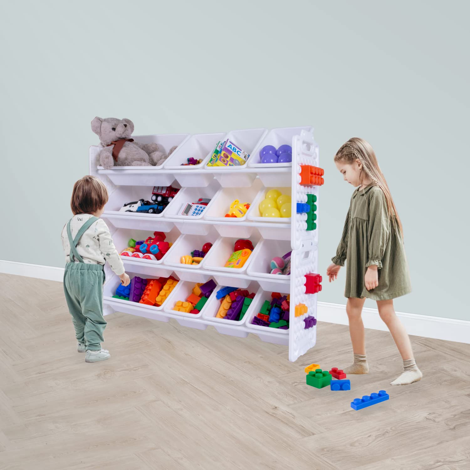 UNiPLAY 16-Bin Toy Organizer with Removable Storage Bins | Kids Bookshelf & Toy Storage for Legos, School Supplies, Arts & Crafts | Sturdy White Baseplate Frame for Playroom & Classroom Organization
