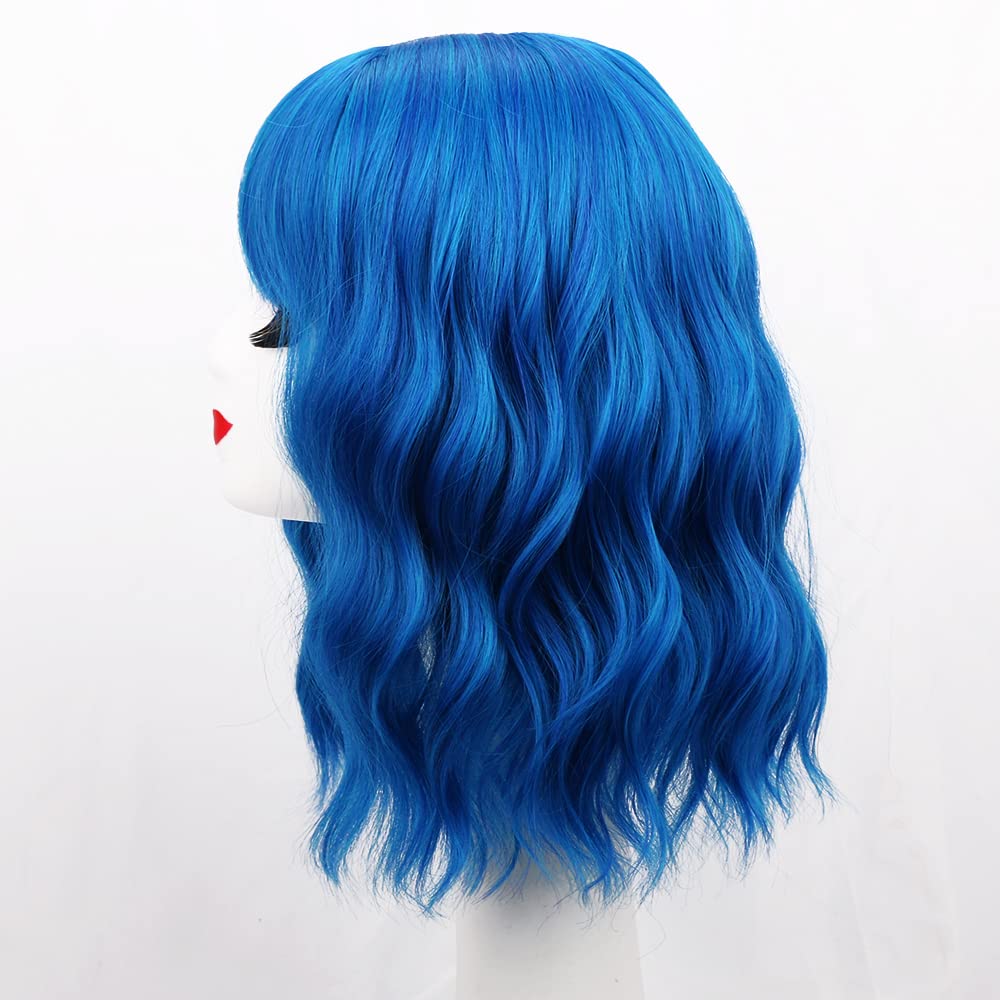 Bob Wig with Bangs - Shoulder Length Loose Wavy Synthetic Hair Cosplay Wig in Vibrant Blue | Perfect for Halloween Costumes, Cosplay Events & Themed Parties