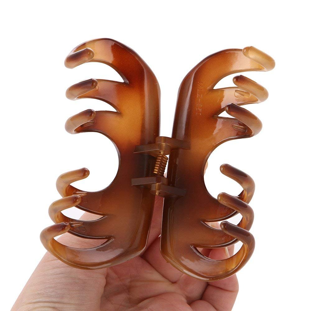 Non-Slip Grip Large Crystal Plastic Octopus Jaw Hair Clips - Banana Claw Clips for Women (12 Teeth, Black & Brown) - Perfect for Updos, Ponytails & Everyday Hairstyles