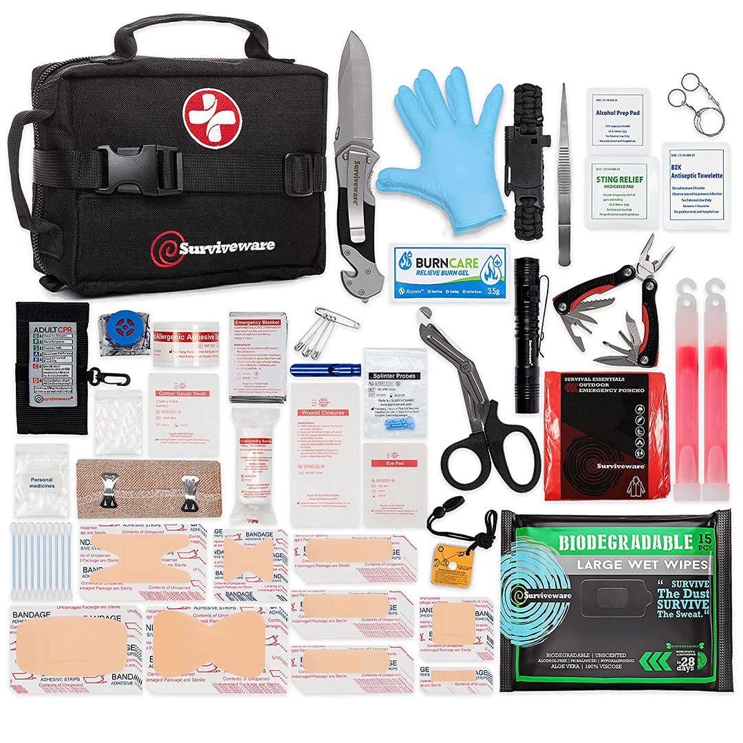 Surviveware 180-Piece Survival First Aid Kit - Emergency Medical Supplies for Home, Car, Office, Hiking & Camping - MOLLE Compatible with Labeled Compartments | Perfect for Outdoor Adventures, Disaster Preparedness & Everyday Safety