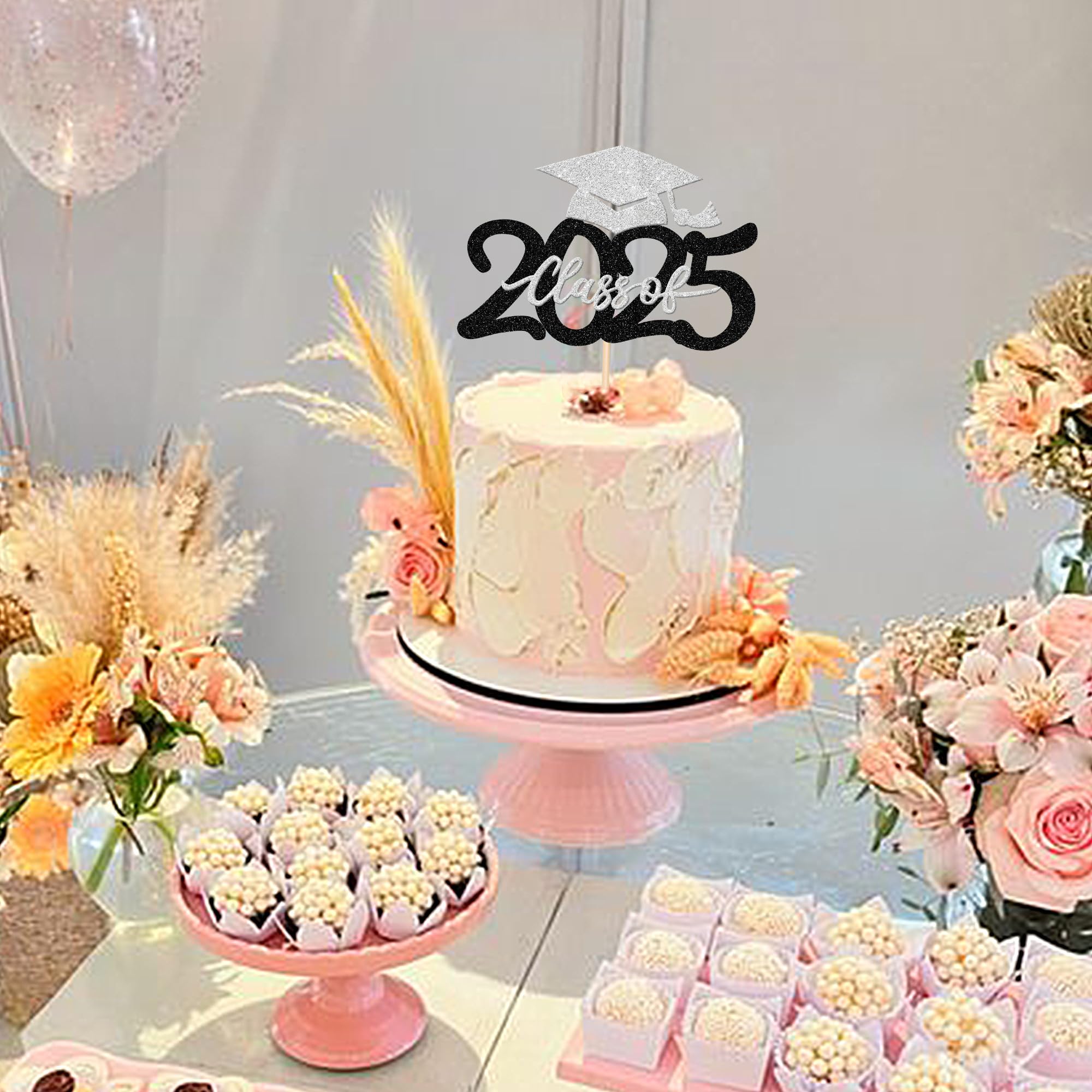 2025 Graduation Cake Topper - Glitter Graduation Cap Cake Pick for Class of 2025, Congrats Grad Cake Decoration - Perfect for 2025 Graduation Party Decor, Birthday Celebrations & Dessert Toppings (Black & Silver)