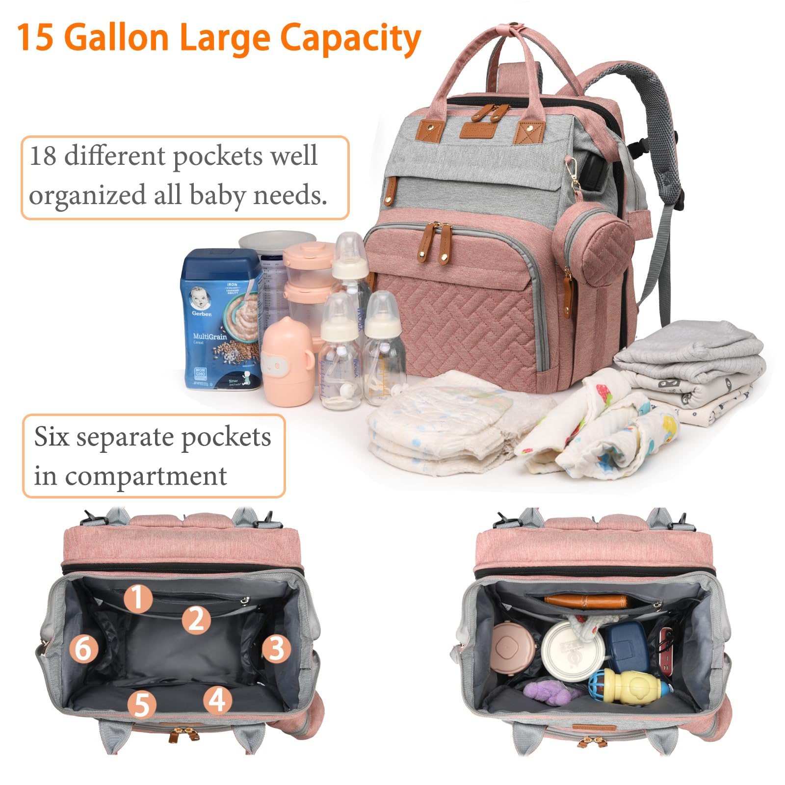 Waterproof Diaper Backpack with Changing Station & USB Charging Port - Large Capacity Baby Bag for Moms & Dads (Grey/Pink) | Perfect Baby Shower Gift & Travel Essential for On-the-Go Parents