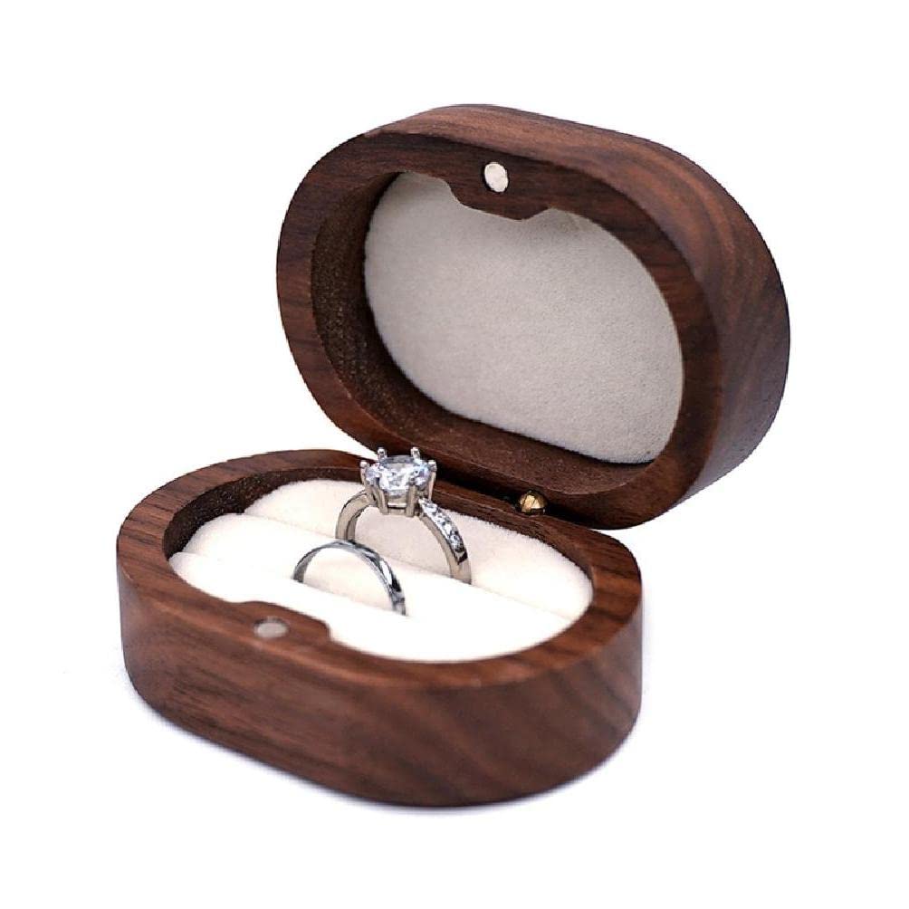 BYNNIX Oval Walnut Wood Ring Box with Velvet Lining - Jewelry Organizer for Engagement, Wedding, Proposal - Perfect for Rings, Earrings & Small Keepsakes