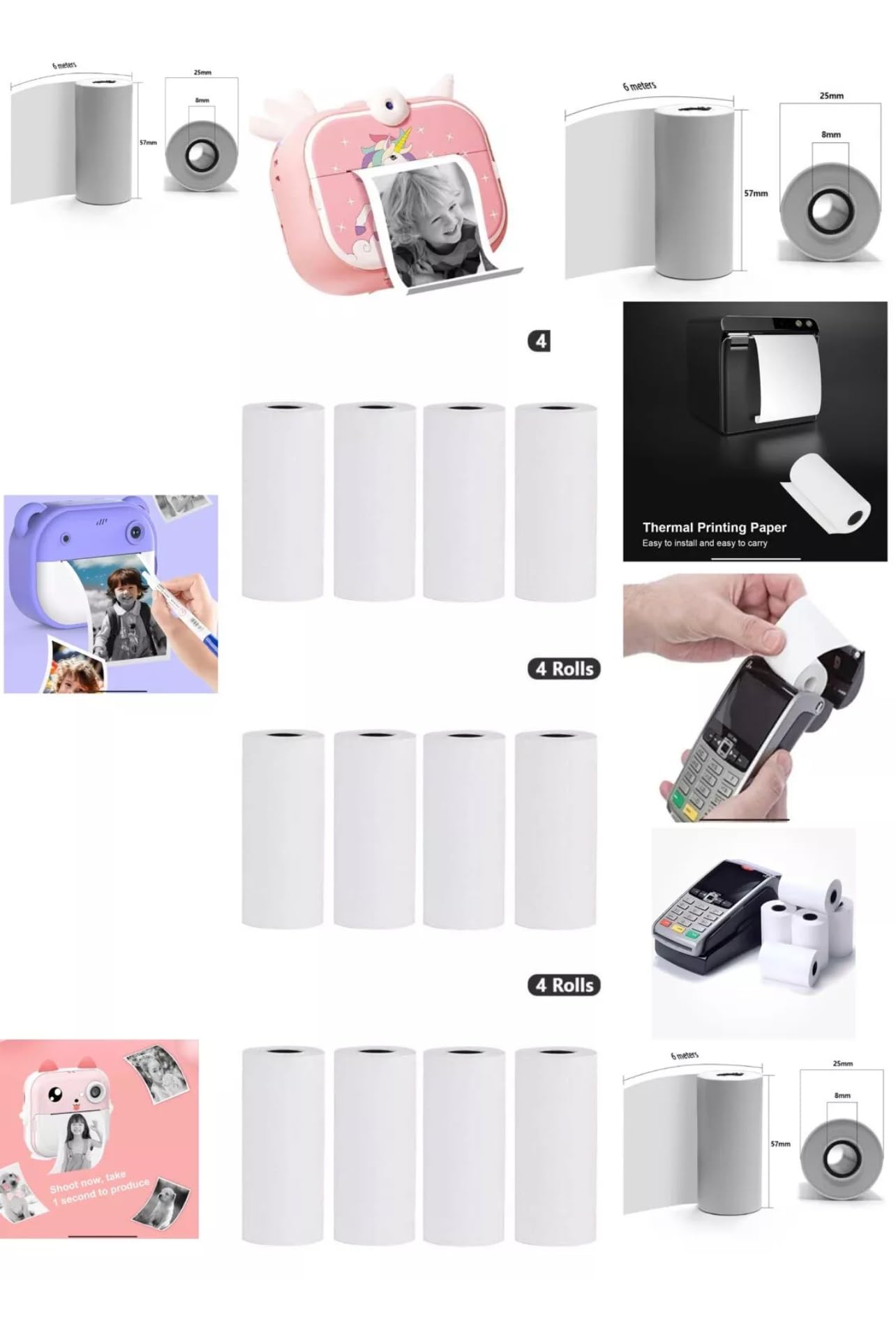 Instant Camera Thermal Printing Paper Rolls - Inkless, No Ink Needed for Kids' Camera - 57x25mm, 4 Rolls/Pack - Perfect for Birthday Parties, Travel Memories & Instant Photo Fun