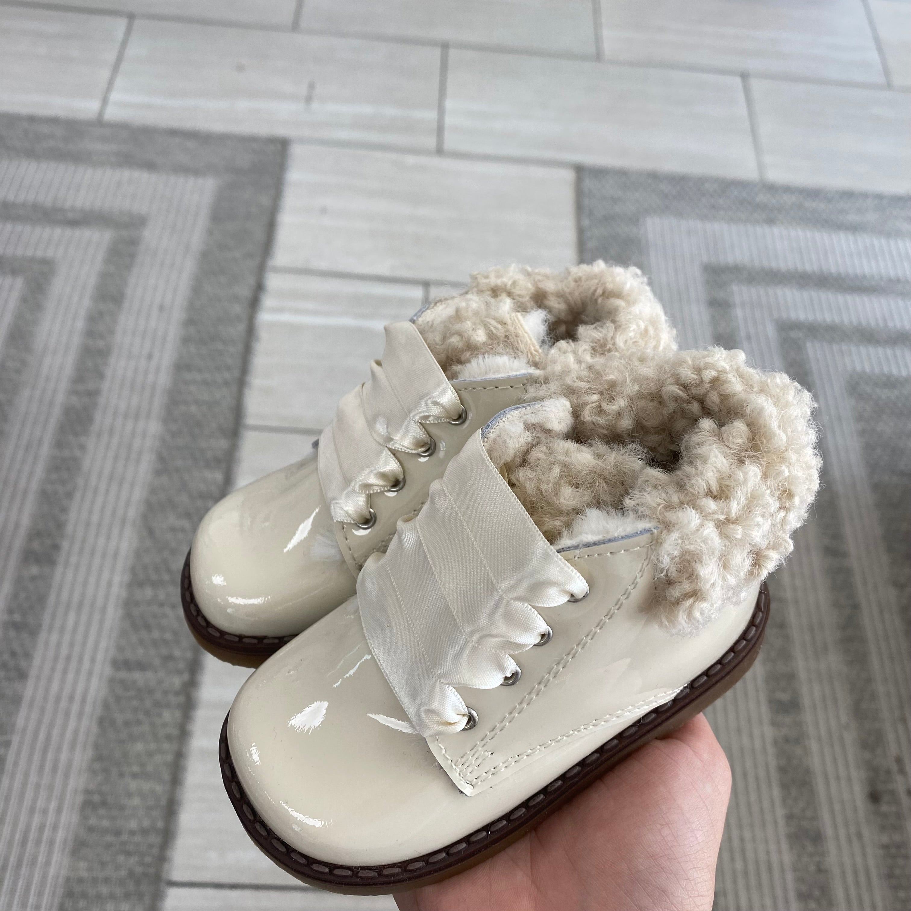 Ivory Patent Leather & Fur Baby Booties - Soft & Stylish First Walkers for Newborns & Infants - Perfect for Winter, Photo Shoots & Special Occasions
