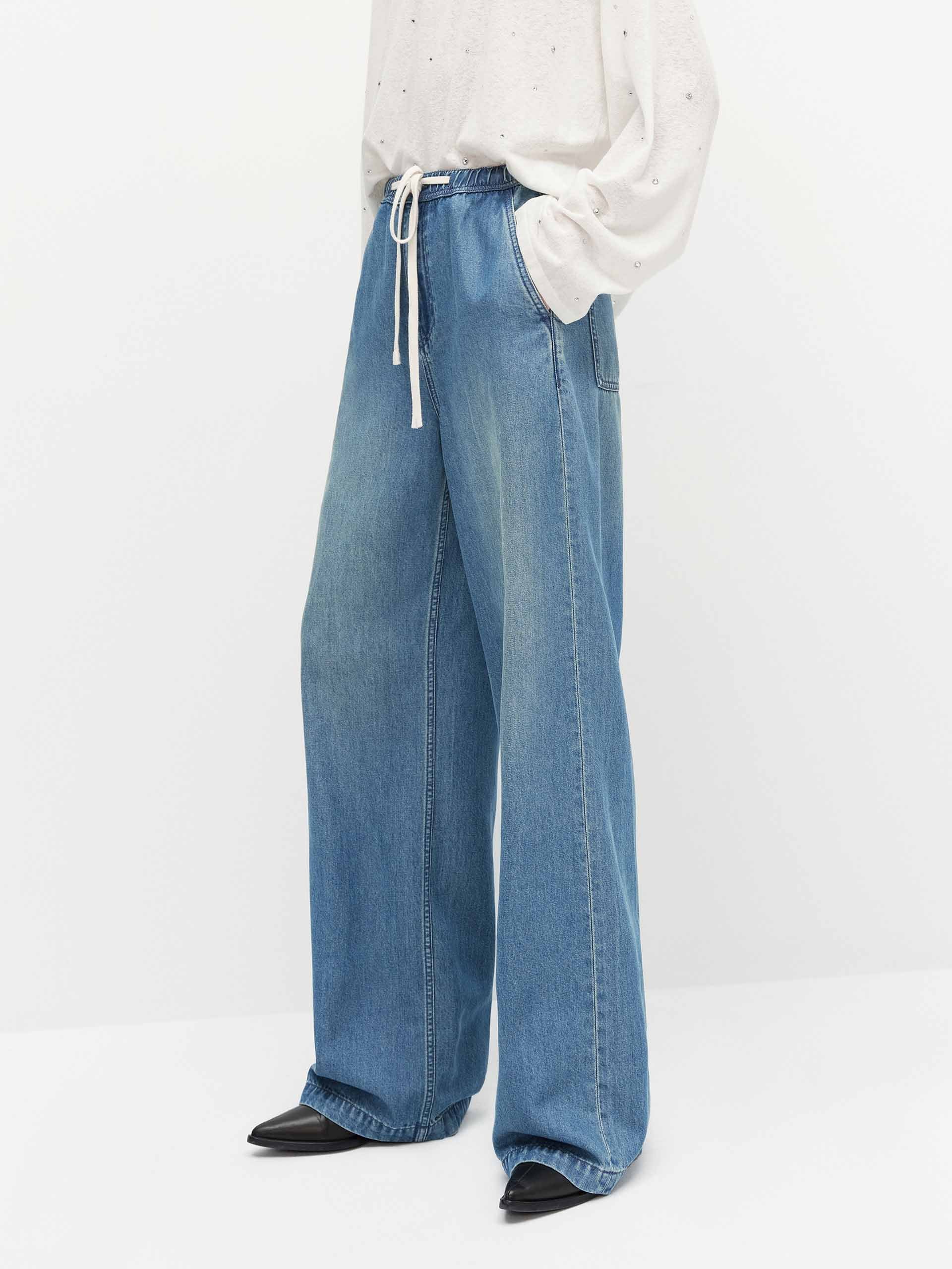 Women's High Waist Straight Leg Jeans with Drawstring - Comfortable Stretch Denim Pants for Casual Wear & Everyday Outfits