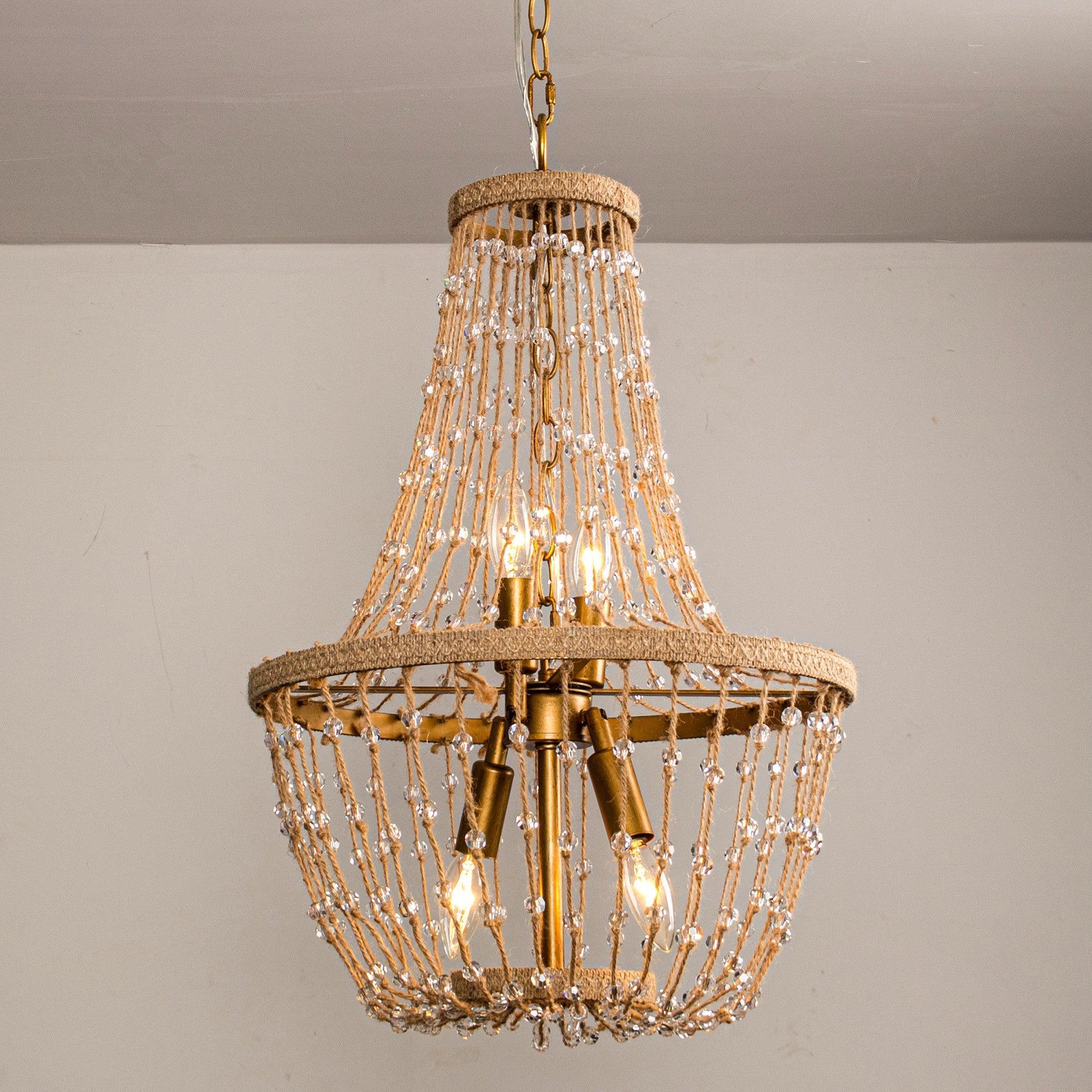 Modern Beaded Basket Weathered Wood 4-Light Chandelier - Rustic Farmhouse Ceiling Light Fixture for Dining Room, Bedroom or Entryway