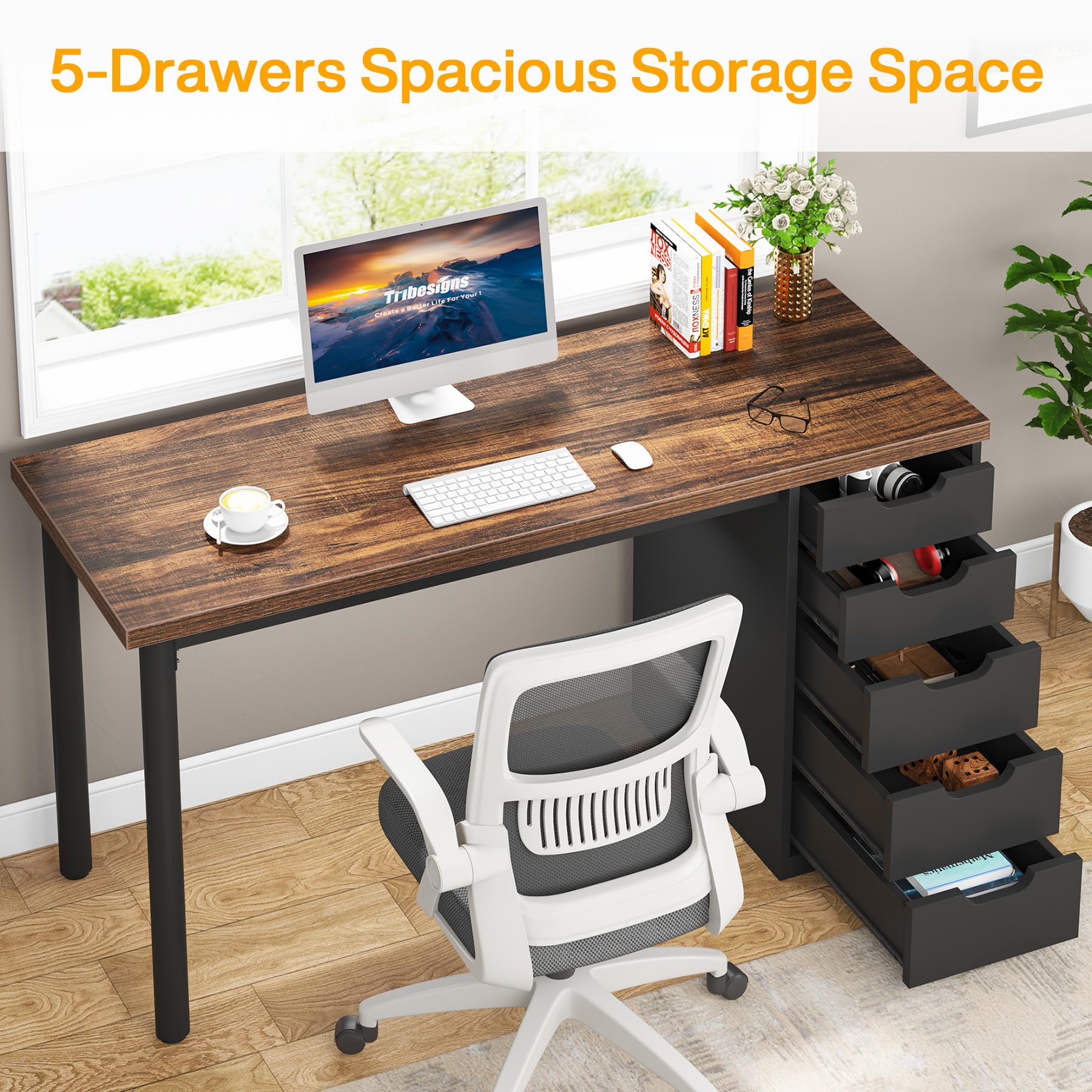 Tribesigns 47-inch Rustic Brown Computer Desk with 5 Drawers - Modern Home Office Desk with Storage, Space-Saving Laptop Study Writing Table for Small Spaces (Brown+Black) - Perfect for Home Office, Dorm Room & Small Apartments