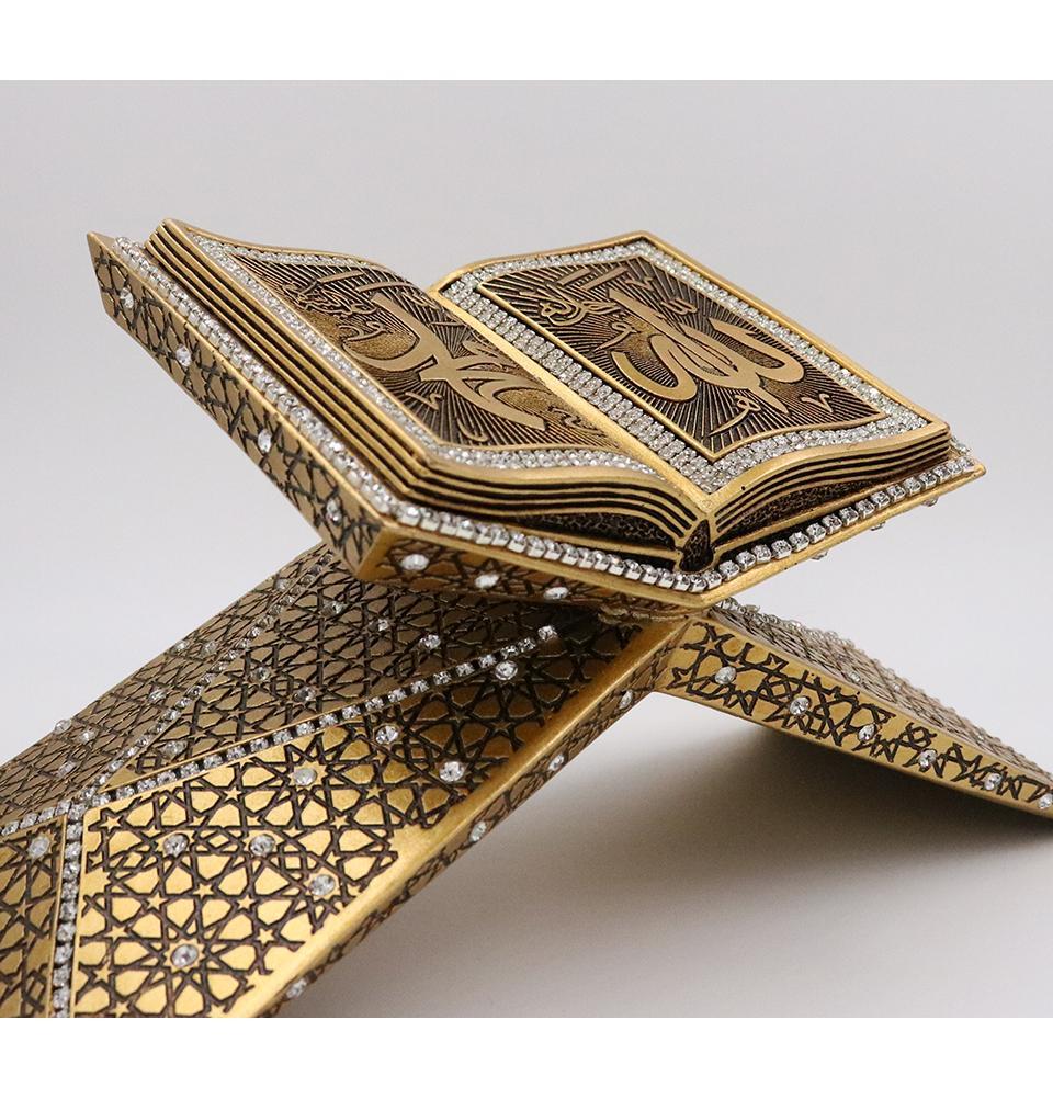 Islamic Quran Open Book Stand - Gold Plated Table Decor for Allah & Muhammad - Perfect for Home, Mosque, and Gift Giving