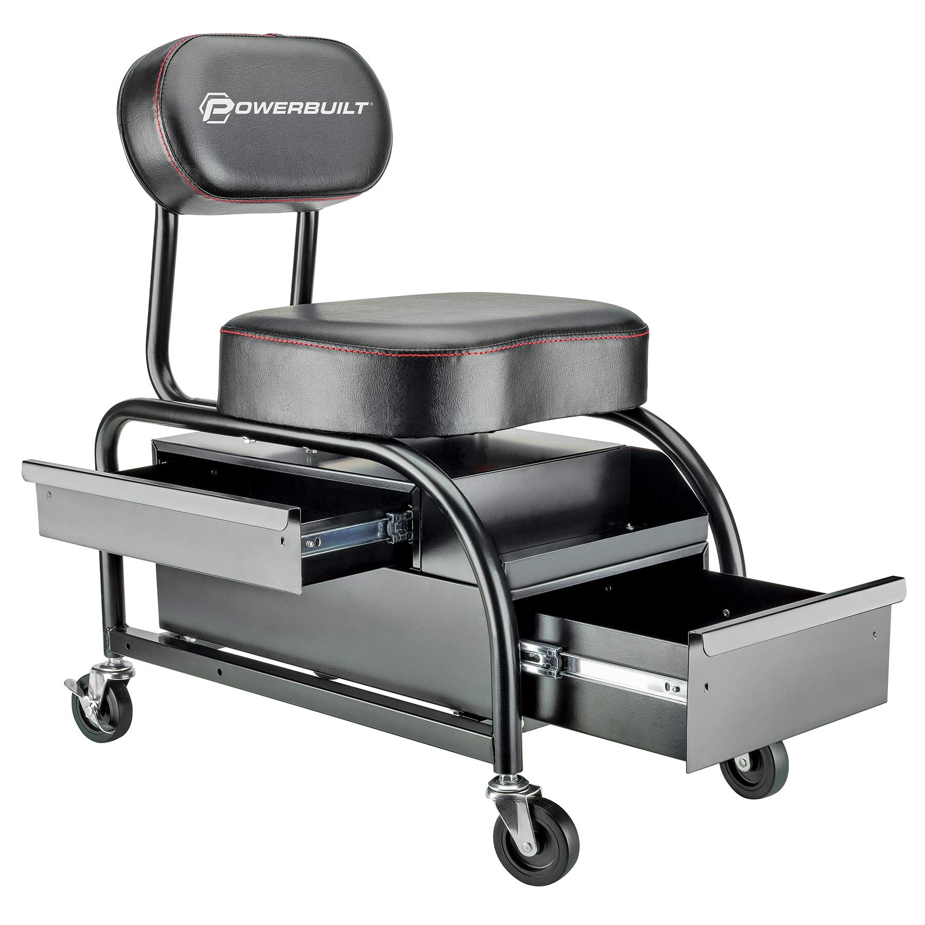 Powerbuilt Professional Car Detailers Mechanics Roller Seat - Heavy Duty Garage Stool with Padded Seat & Backrest, 2 Sliding Storage Drawers, Tool Tray & Cup Holders - 3