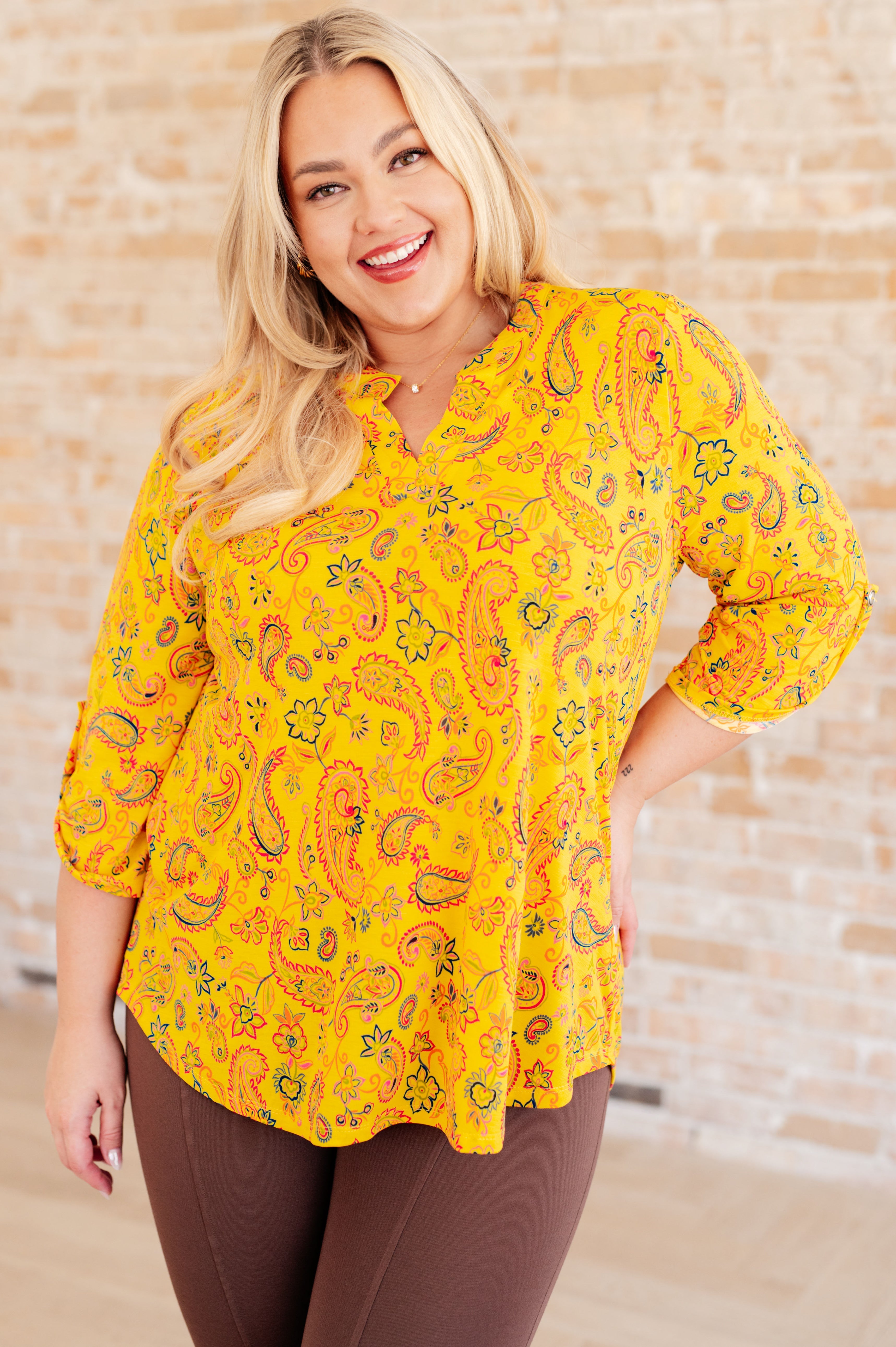 Lizzy Top - Stylish Yellow and Navy Paisley Print Blouse for Women | Perfect for Casual Outings, Office Wear & Summer Fashion
