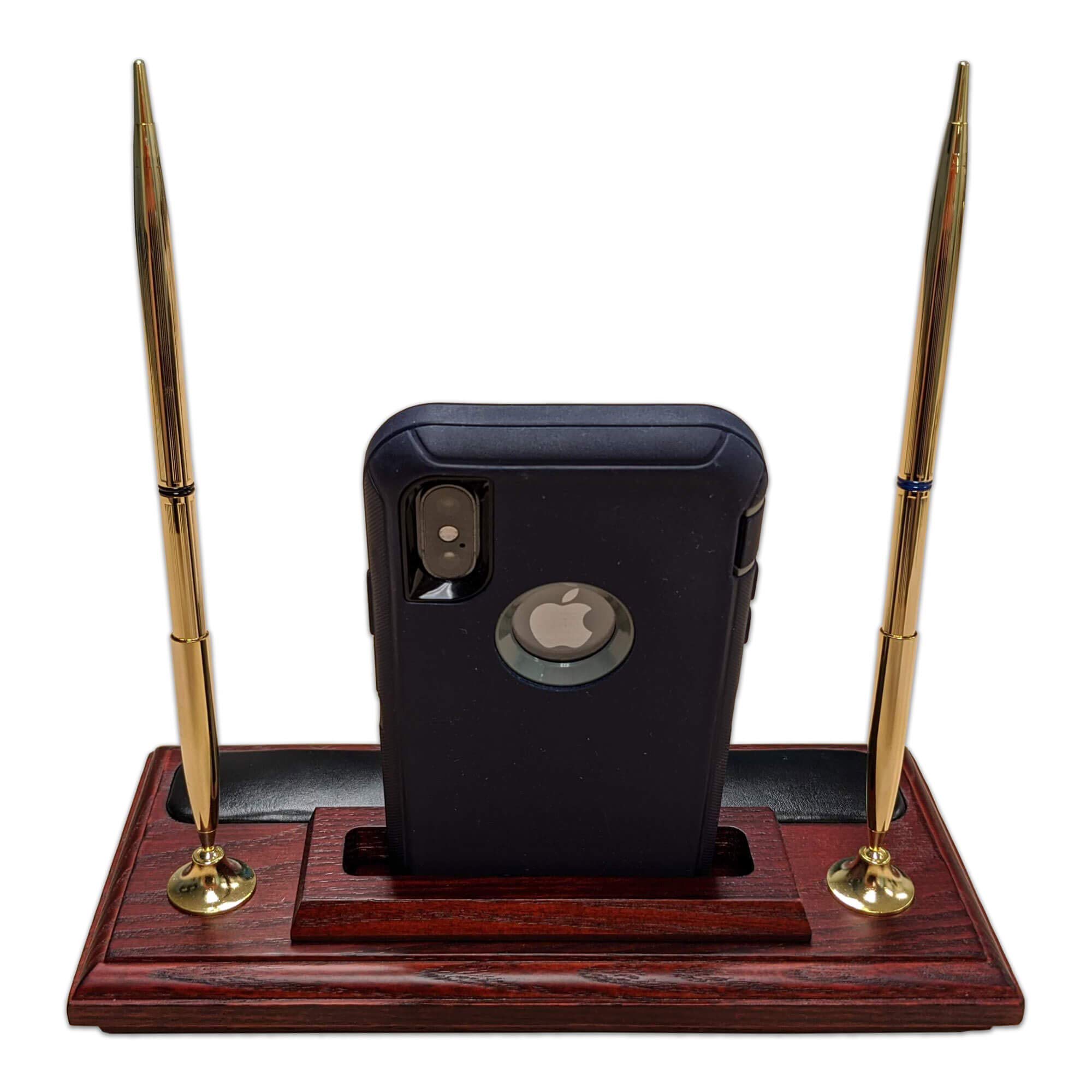 Premium Rosewood & Leather Pen Stand with Phone Holder - Stylish Desk Organizer for Office, Home, or Gift