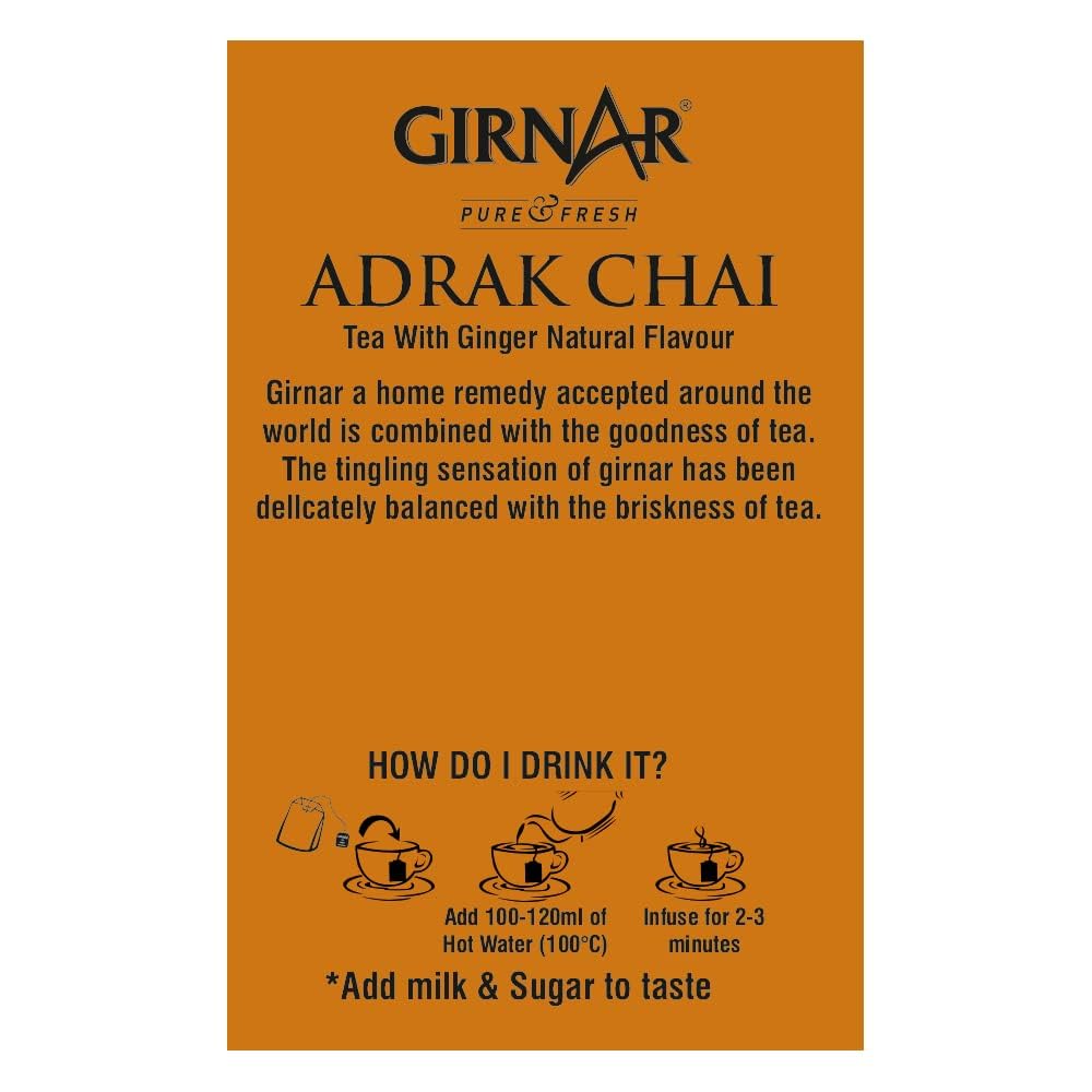 Girnar Adrak Ginger Tea Bags - 25 Count | Natural Herbal Tea for Digestion & Immunity | Perfect for Morning Boost & Cold Relief
