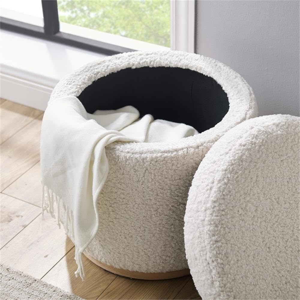 Linon Hawn Round Padded Storage Ottoman with Light Wood Trim - Natural Sherpa Fabric Upholstered Footrest Stool for Living Room, Bedroom & Home Decor