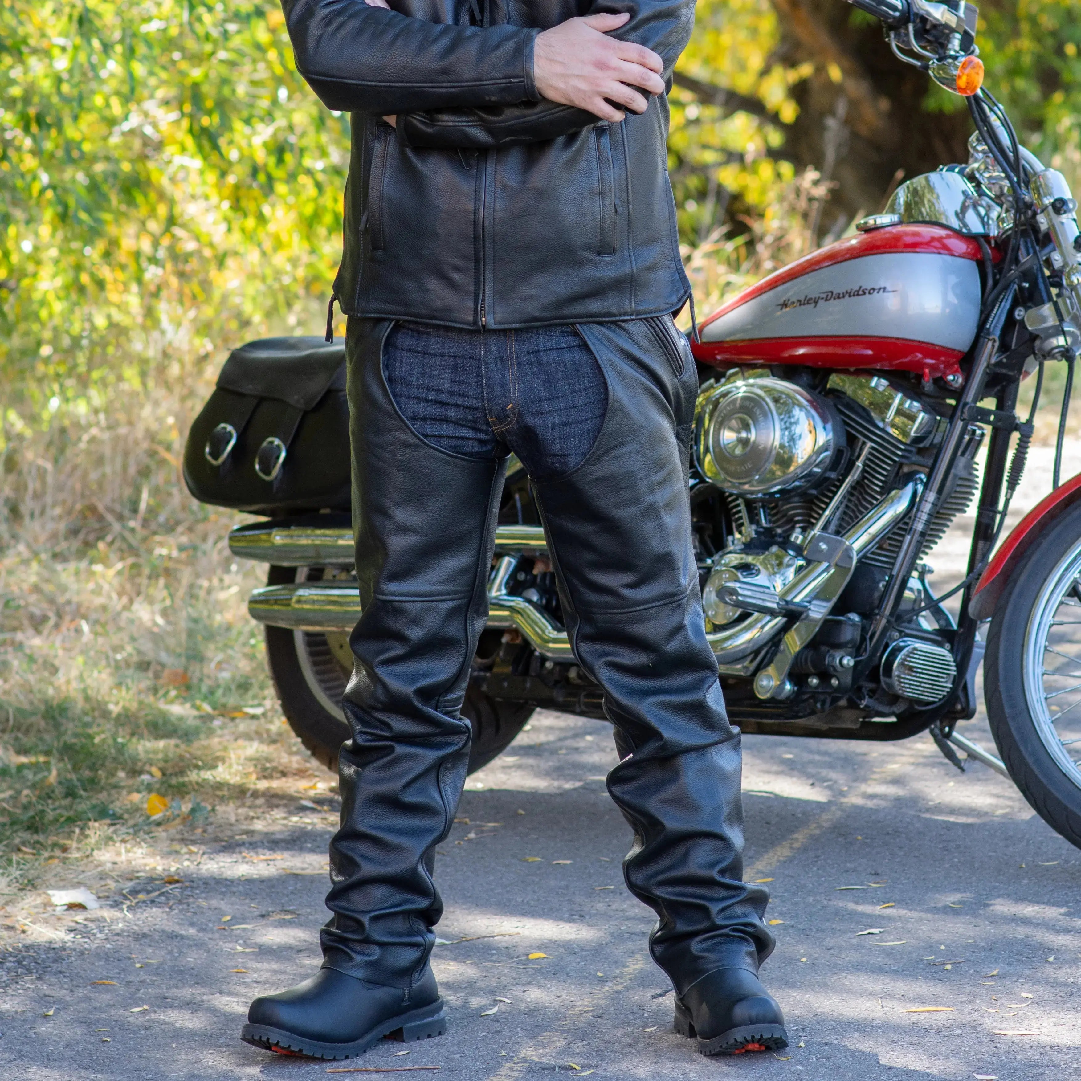 Premium Unisex Leather Chaps with 4 Pockets - Open Road Style for Motorcycle Riding & Outdoor Adventures