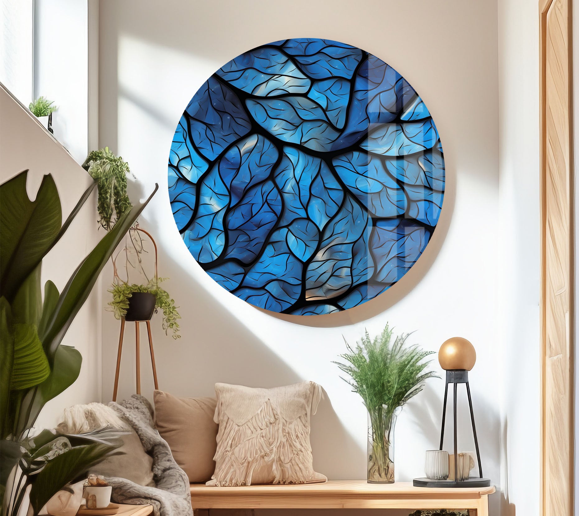 Blue Leaf Mosaic Wall Art - Abstract Nature Glass Print for Modern Home & Office Decor | Perfect for Living Room, Bedroom & Office Spaces