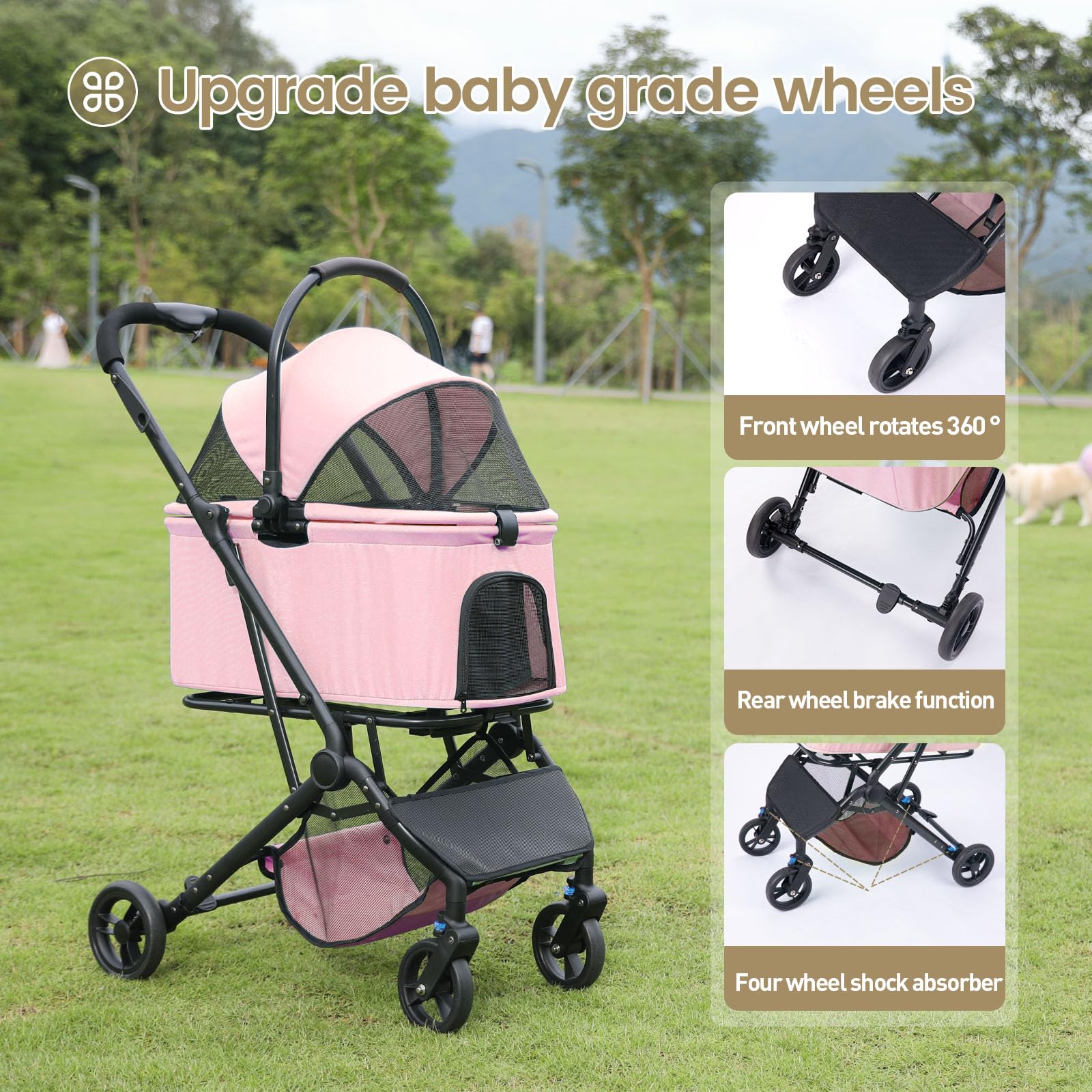 **Wedyvko 3-in-1 Dog Stroller for Medium Dogs – Upgraded Shock-Absorbing Frame, Zipperless Entry, Storage Basket & Pouch – Includes Dog Poop Bags & Dispenser – Perfect for Walks, Travel & Shopping (Pink)**