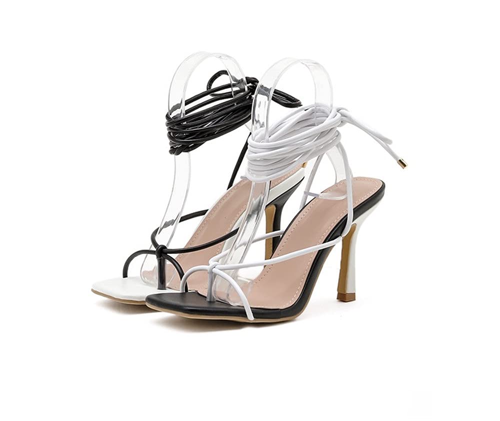 MissHeel Women's Square Toe Lace Up High Heel Sandals - Comfortable Thong Strap Dress Shoes for Party, Wedding & Evening Events