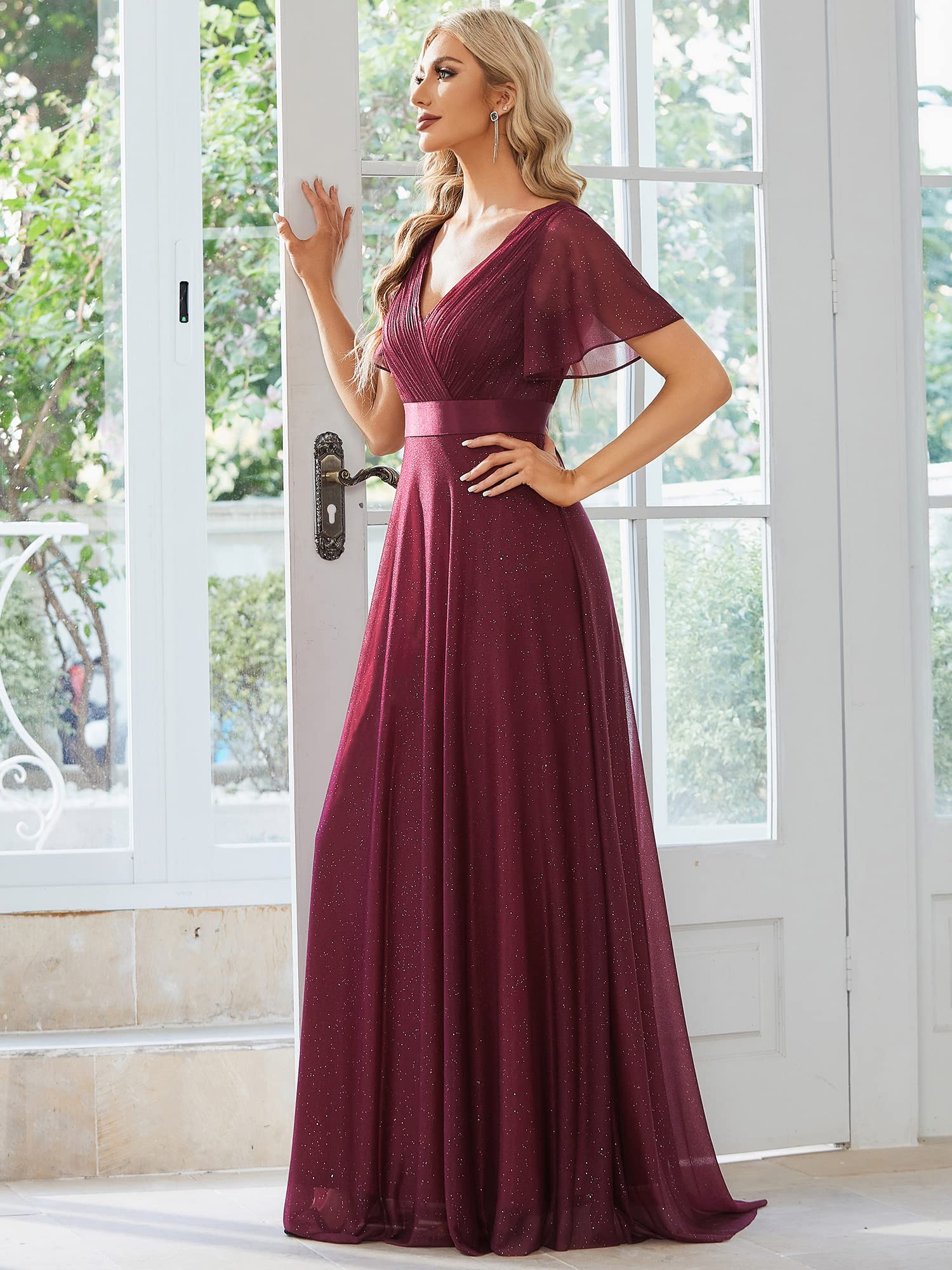Ever-Pretty Women's V-Neck Short Sleeve A-Line Glitter Evening Dress for Prom, Party & Formal Events - Style 50159