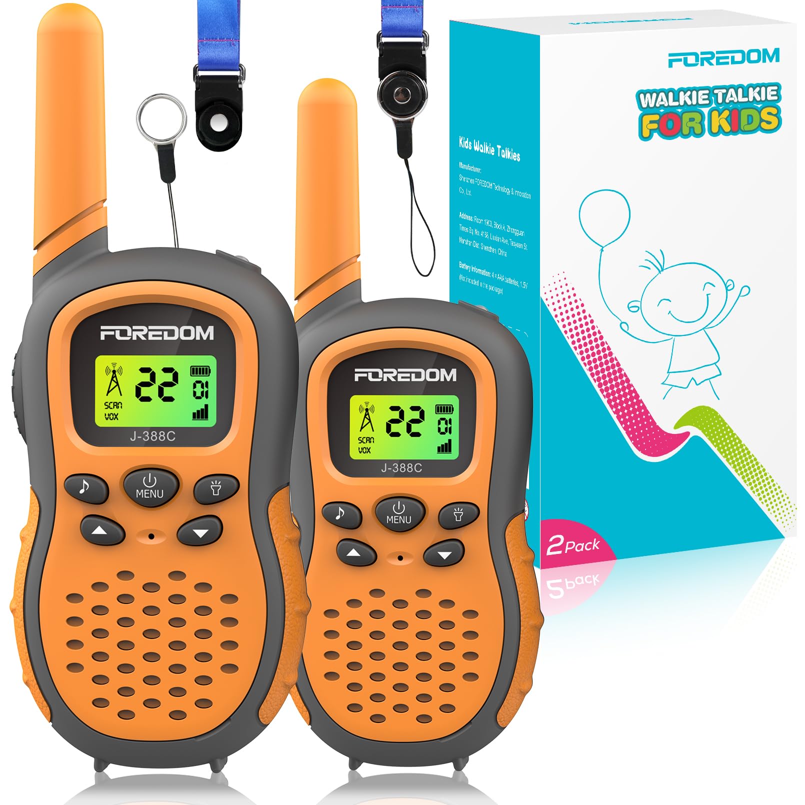 J388C Kids Walkie Talkies 2 Pack - Long Range Communication, Built-in Flashlight, Durable & Easy to Use - Perfect for Outdoor Adventures, Camping, Hiking, and Family Activities (Orange)