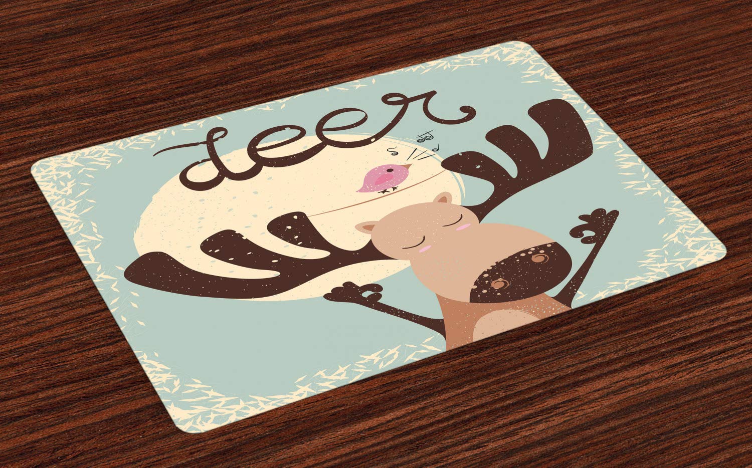 Ambesonne 4-Piece Deer Hunting Placemats Set - Cute Cartoon Reindeer & Singing Bird Design - Washable Fabric Table Mats for Dining Room & Kitchen Decor in Pale Seafoam Brown & Rust - Perfect for Holiday Dinners, Thanksgiving Decor & Rustic Home Styling