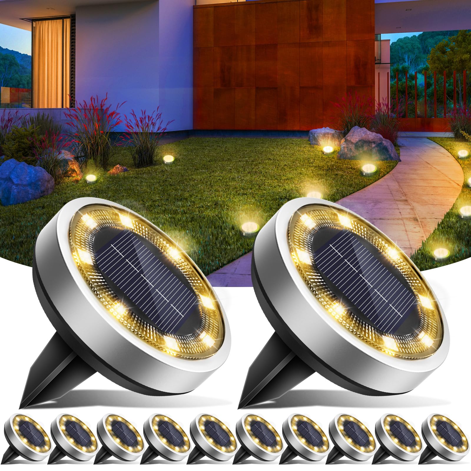 12 Pack Solar Ground Lights Outdoor Waterproof - 3000K Warm White LED Landscape Lighting for Garden, Pathway, Driveway, Lawn | Perfect for Nighttime Safety & Backyard Ambience