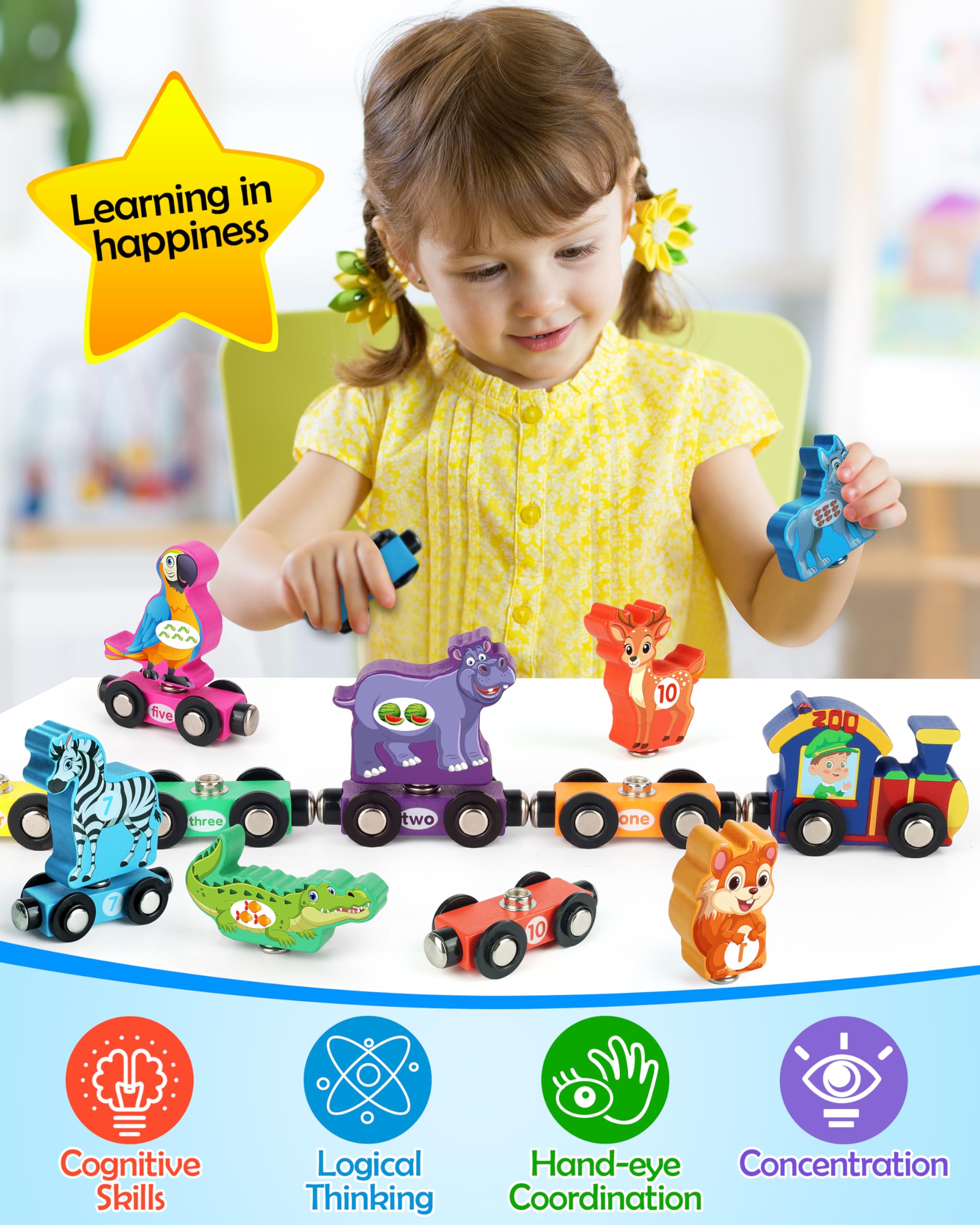 Vanmor Magnetic Wooden Train Set for Toddlers - Educational Animal Number Train Toy for Kids Ages 3-5 | STEM Learning Toy for Fine Motor Skills Development | Perfect Preschool Activity & Birthday Gift for Boys & Girls | Great for Playroom, Classroom & Travel Entertainment