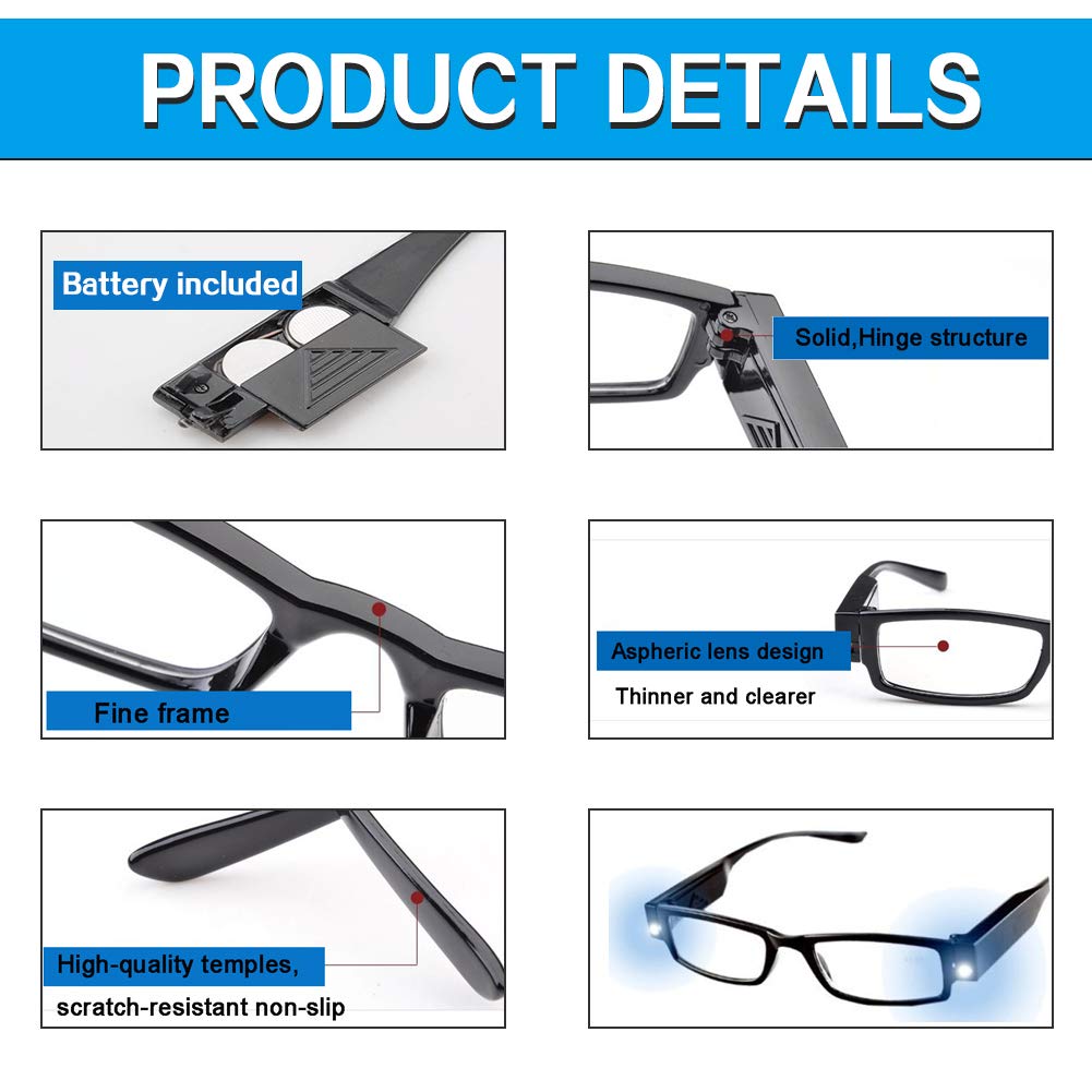 LED Reading Glasses with Lights - Fashionable Magnifying Eyewear for Men & Women - Clear Vision Nighttime Readers with Full Frame & Compact Design - Perfect for Reading in Bed, Travel, or Low Light Conditions (+300)