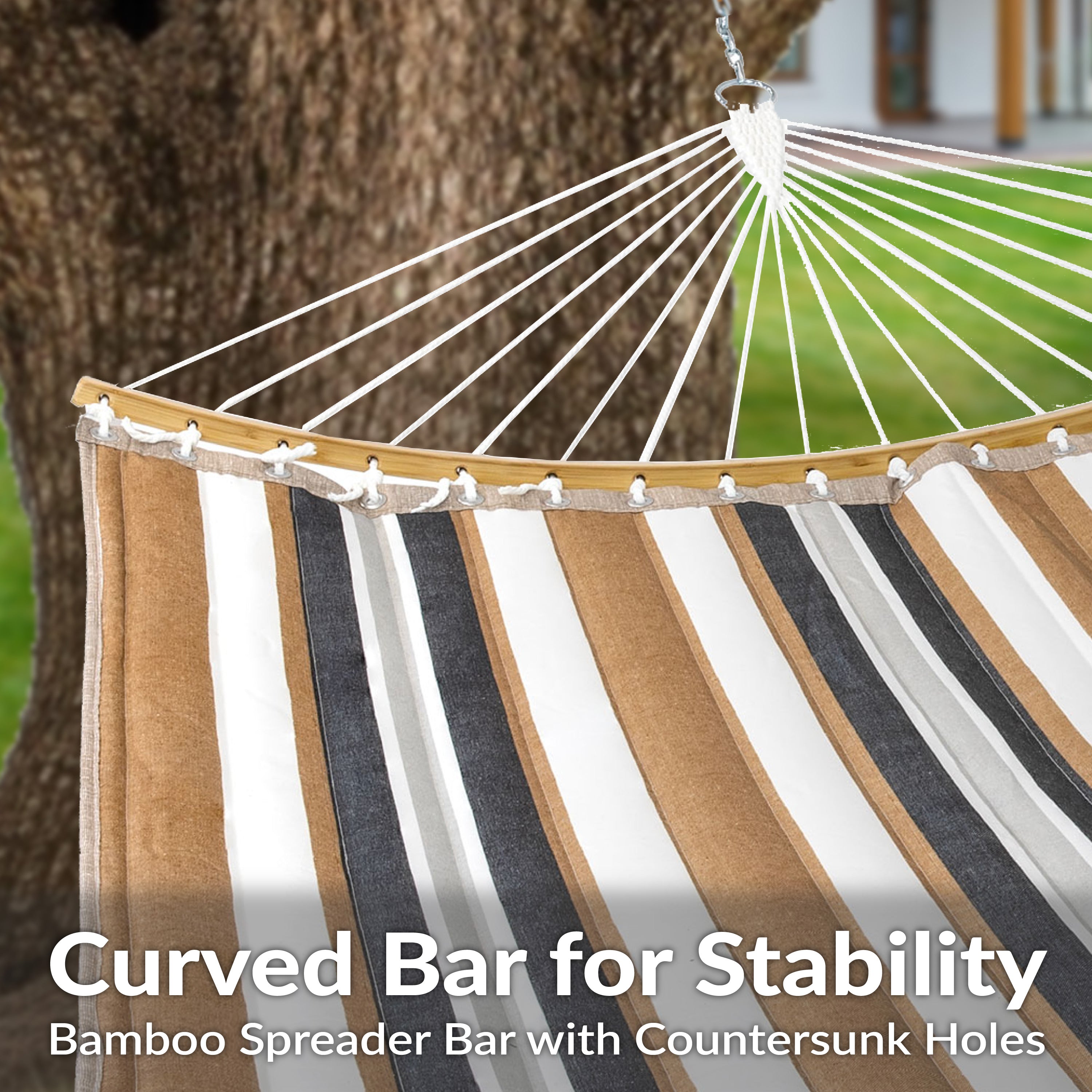 Premium Sunnydaze Quilted Outdoor Hammock with Curved Bamboo Spreader Bar & Comfort Pillow - Perfect for Backyard, Patio, Camping & Relaxation
