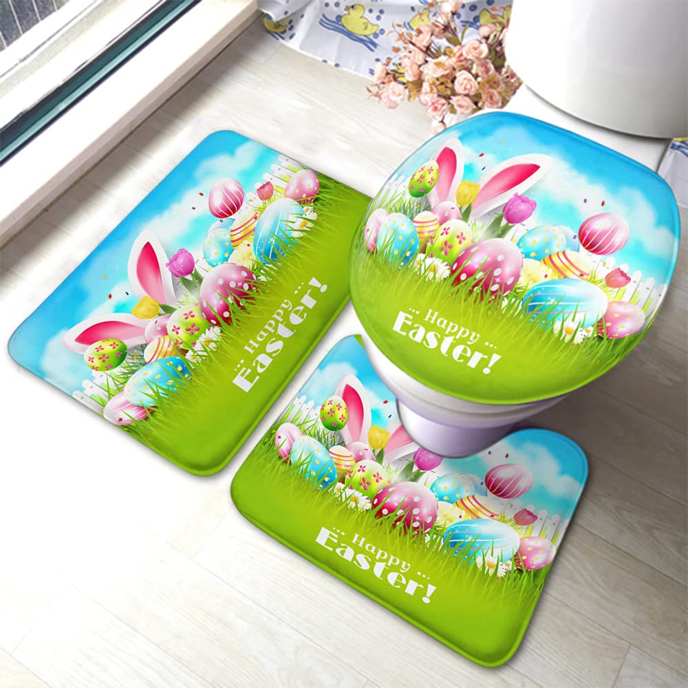 WONDERTIFY Non-Slip Bathroom Rug Set - 3-Piece Easter Bunny Ears & Tulip Design Includes Bath Mat, Contour Mat & Toilet Lid Cover, Grass Green Color for Safe & Stylish Bathroom Decor - Perfect for Easter Decorations, Spring Home Refresh & Kids' Bathroom Safety