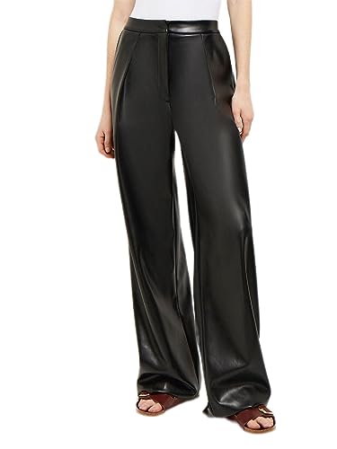 Pleated Straight Leg Vegan Leather Pants, Black