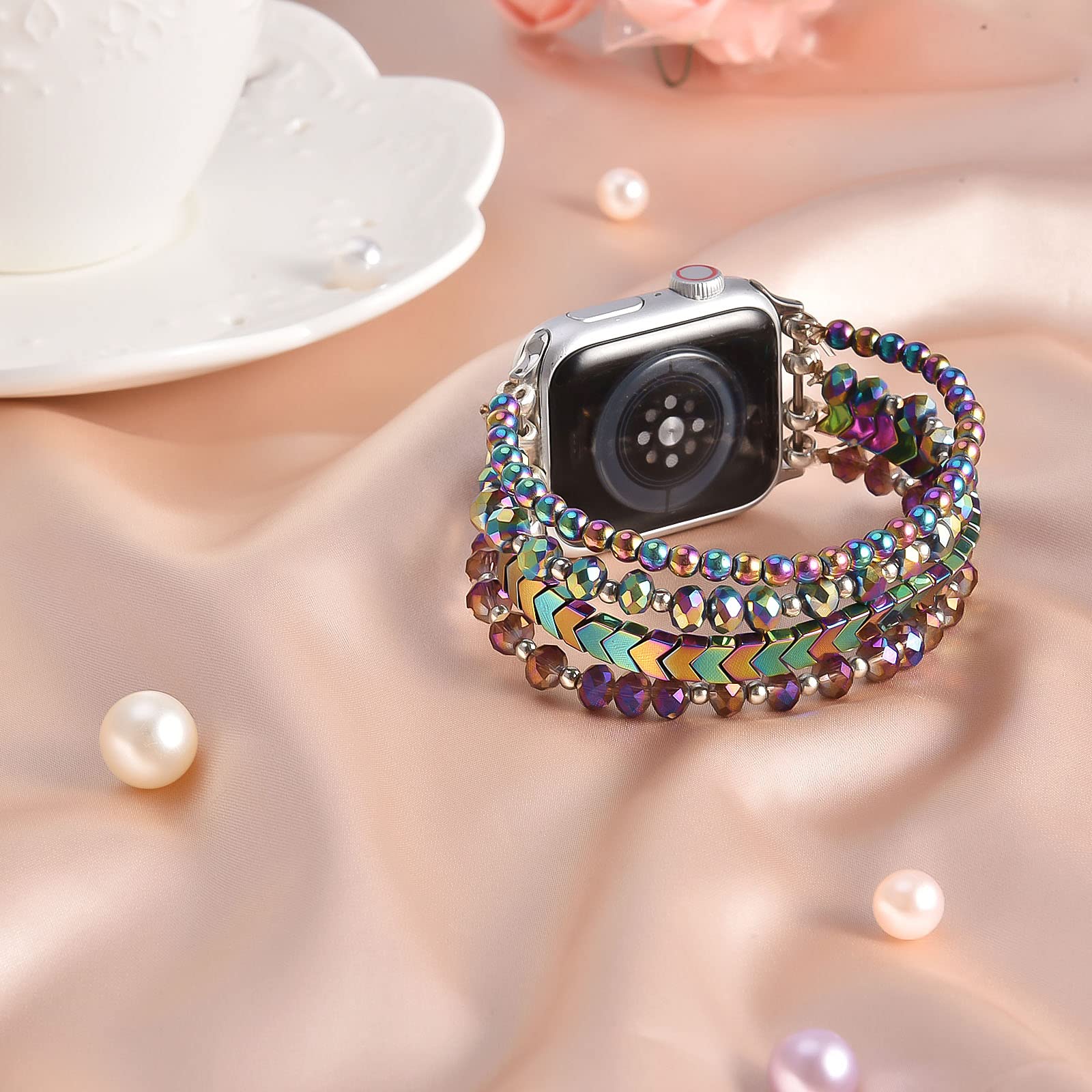 MOFREE Beaded Stretch Bracelet Compatible with Apple Watch 40mm/38mm/41mm (Series 7/SE/6/5/4/3/2/1) - Handmade Elastic Fashion Band for Women - Perfect for Workouts, Office Wear & Casual Outfits