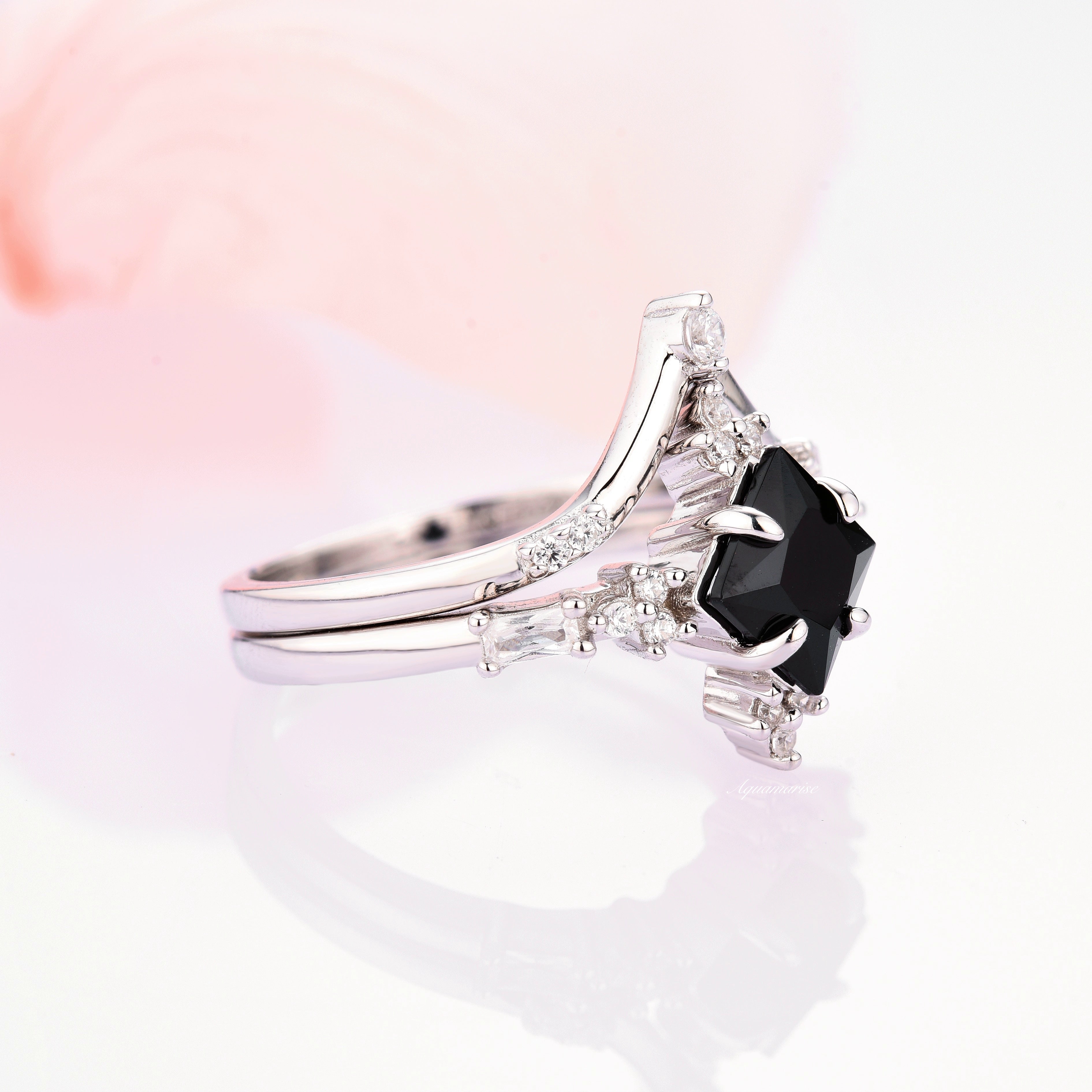 14K/18K White Gold Princess Cut Black Onyx Engagement Ring Set - Elegant Wedding Band for Women, Perfect Proposal Gift & Anniversary Jewelry