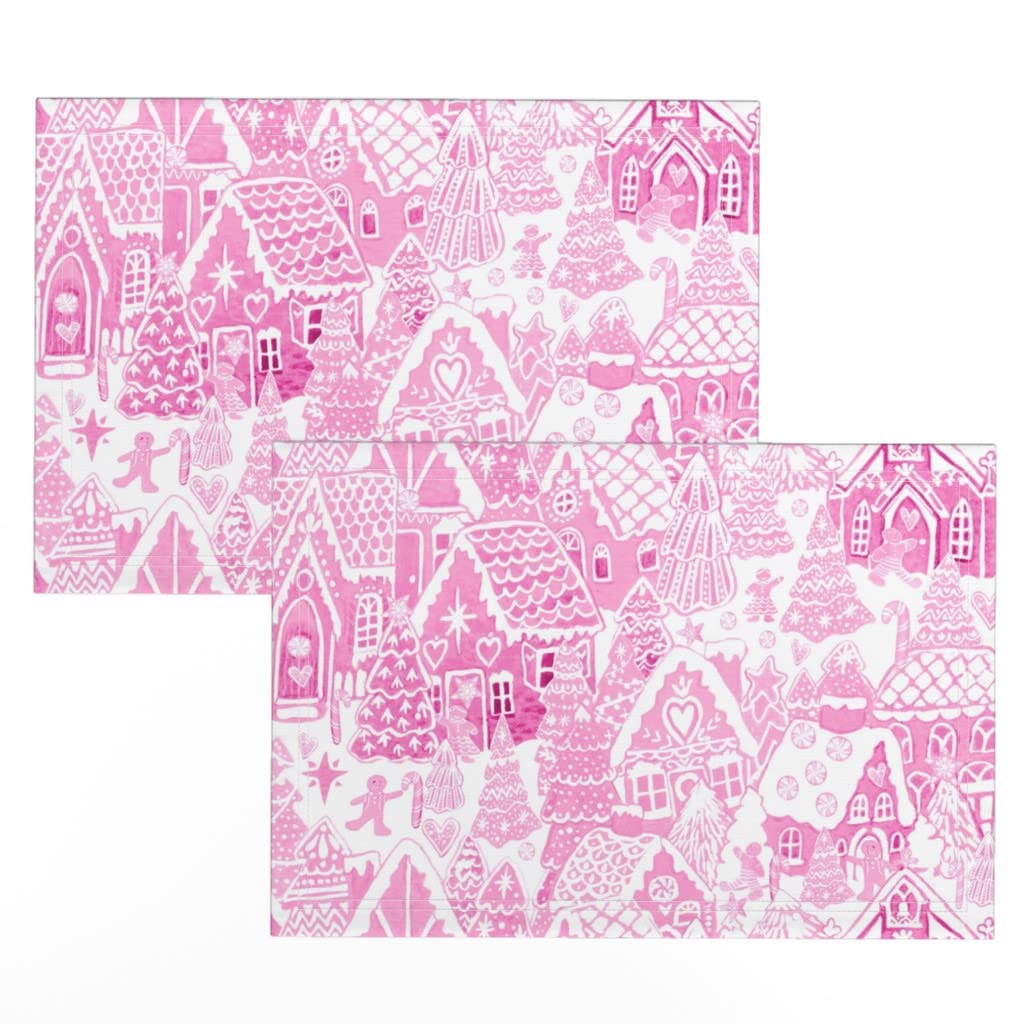 Premium Linen Cotton Canvas Placemats Set of 2 - Candy Gingerbread House Toile Pink White Snowflake Print - Holiday Dining Decor for Christmas Table Setting & Winter Dinner Parties