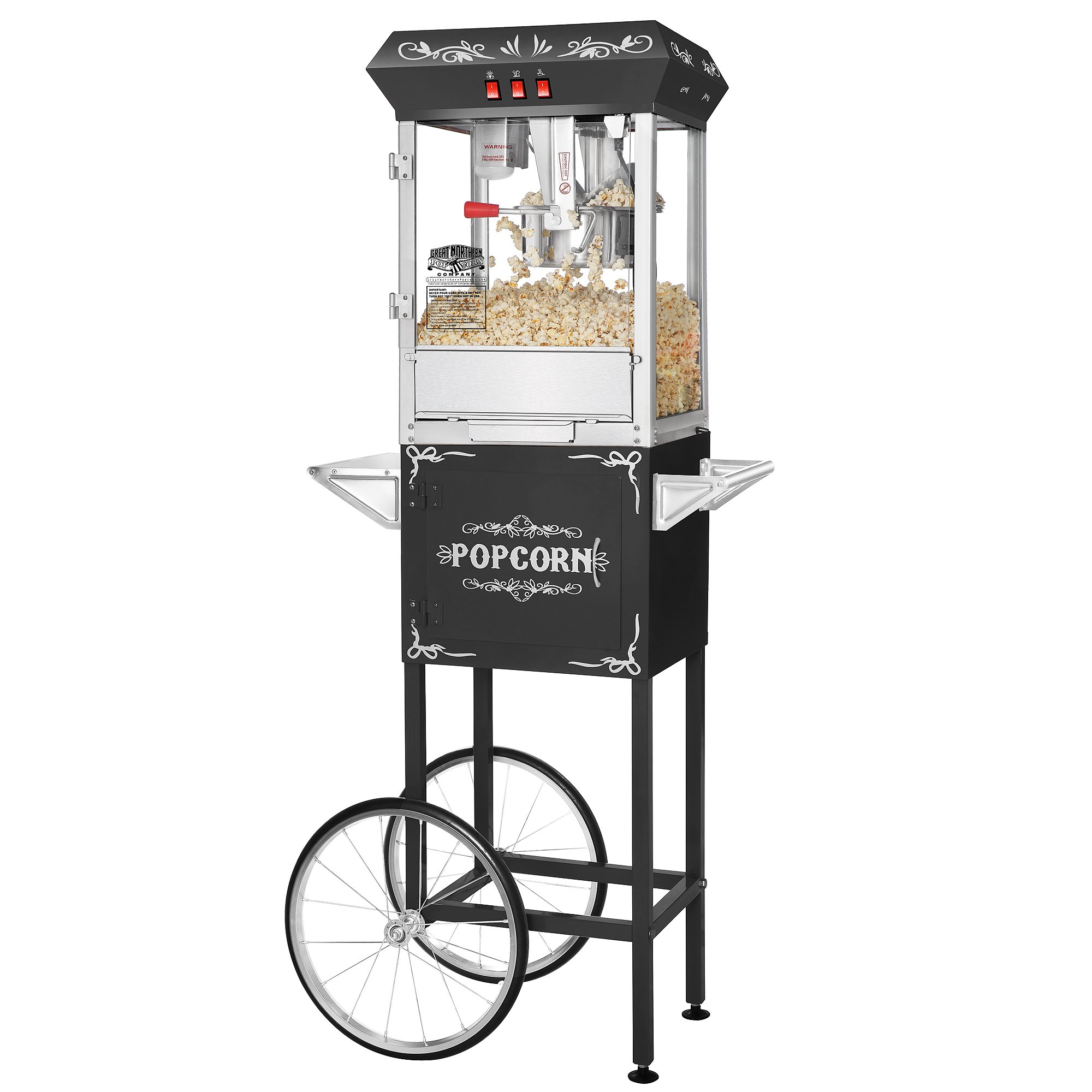 **Great Northern Popcorn 8oz Commercial Popcorn Machine with Cart - Stainless Steel Kettle, Warming Light & Accessories - Perfect for Movie Nights, Carnivals & Concessions (Black)**