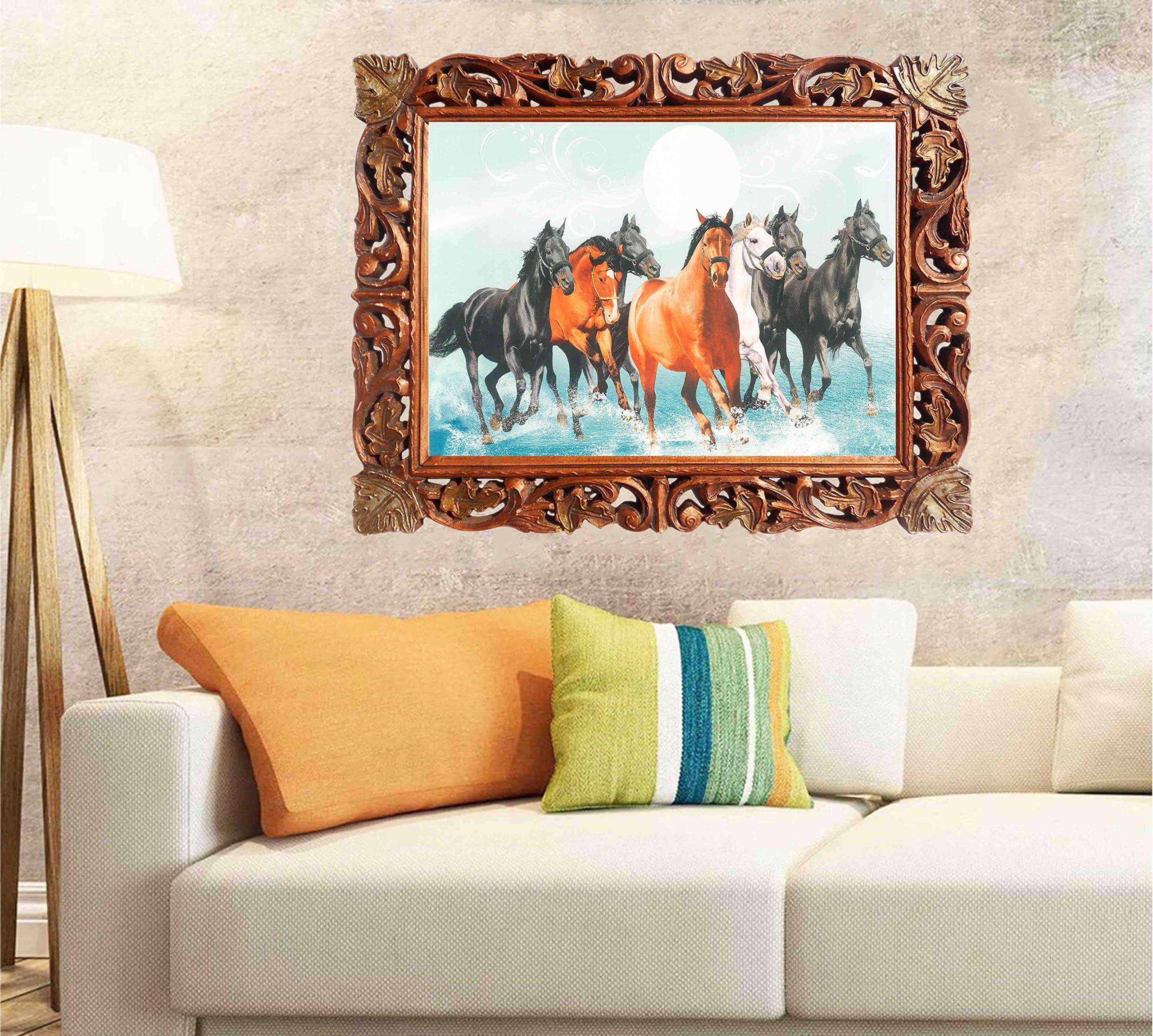 Seven Running Horses in Water Poster Print - Handcrafted Wood Framed Wall Art for Vaastu Shastra, Feng Shui Home & Office Decor - Brings Peace, Harmony & Success | Perfect for Living Room, Bedroom or Workspace